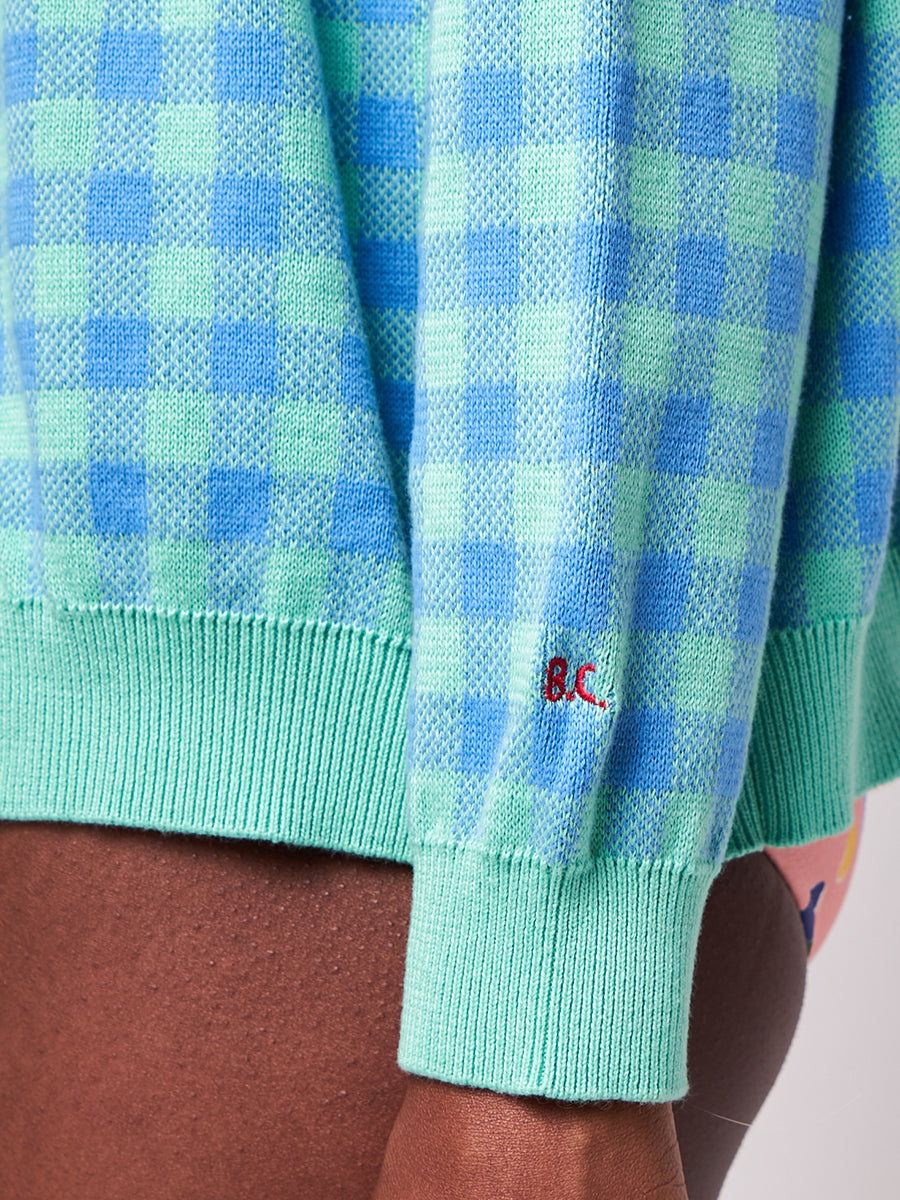 Colour block checked knitted v-neck cardigan