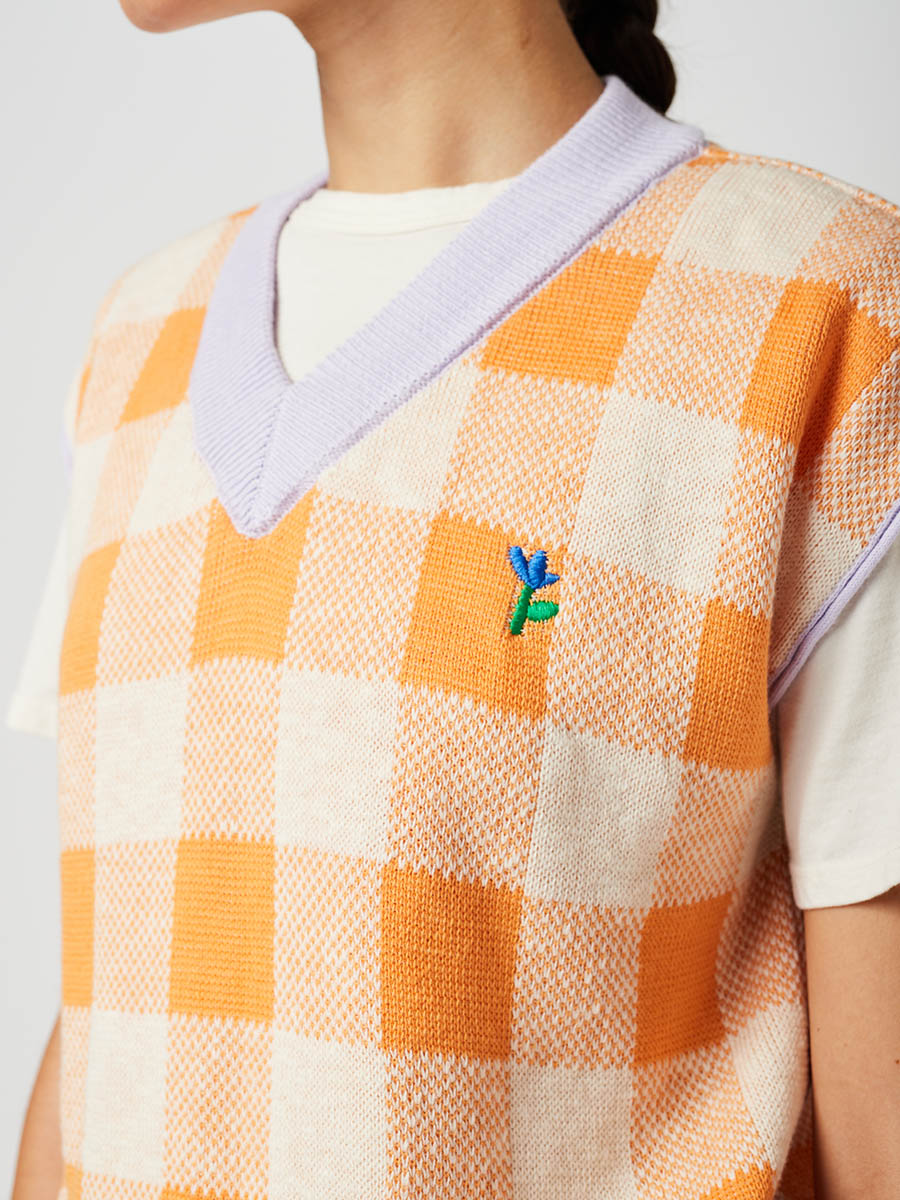 Checked V-Neck Knitted Vest