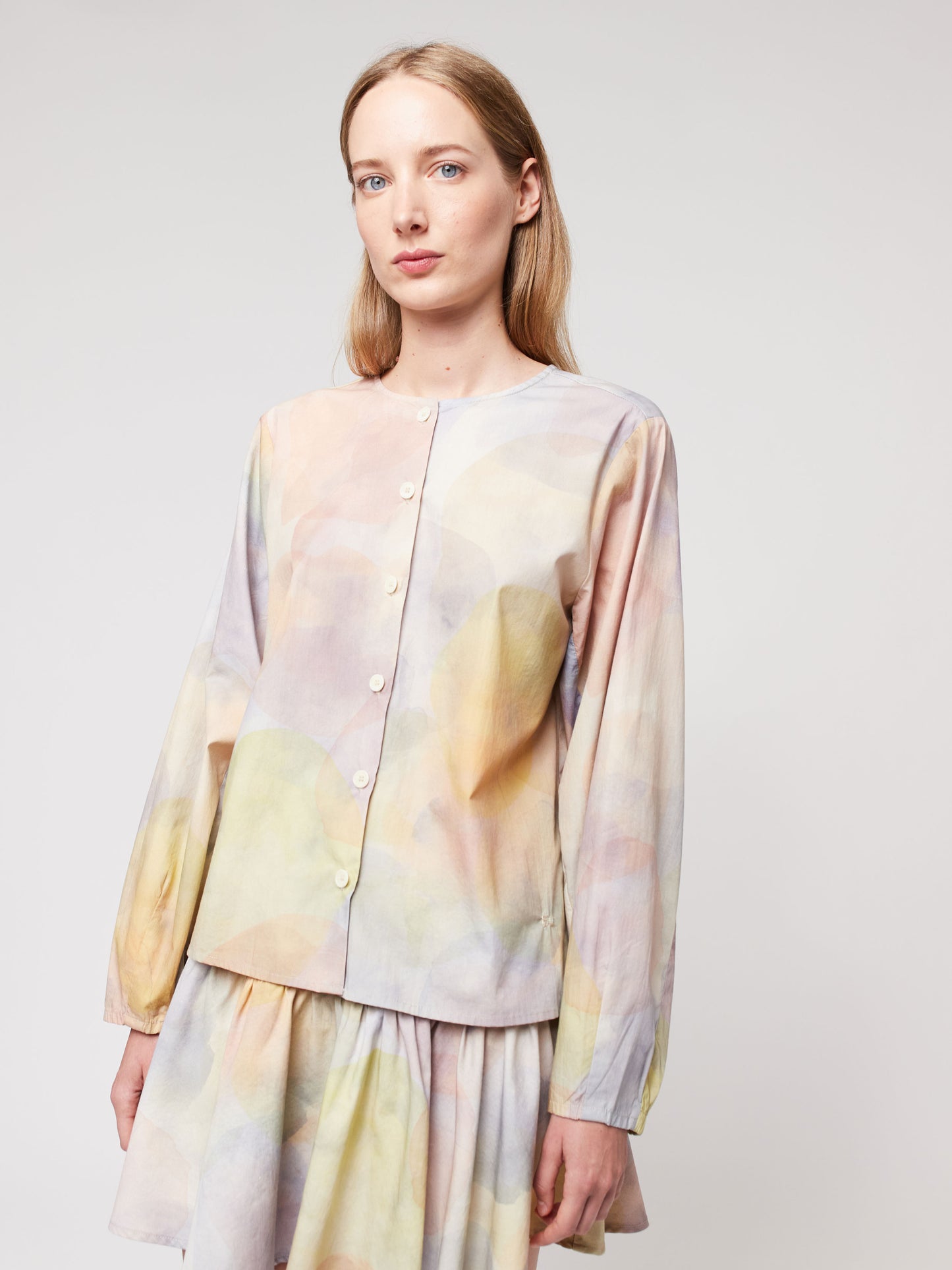 Skylight print collarless blouse