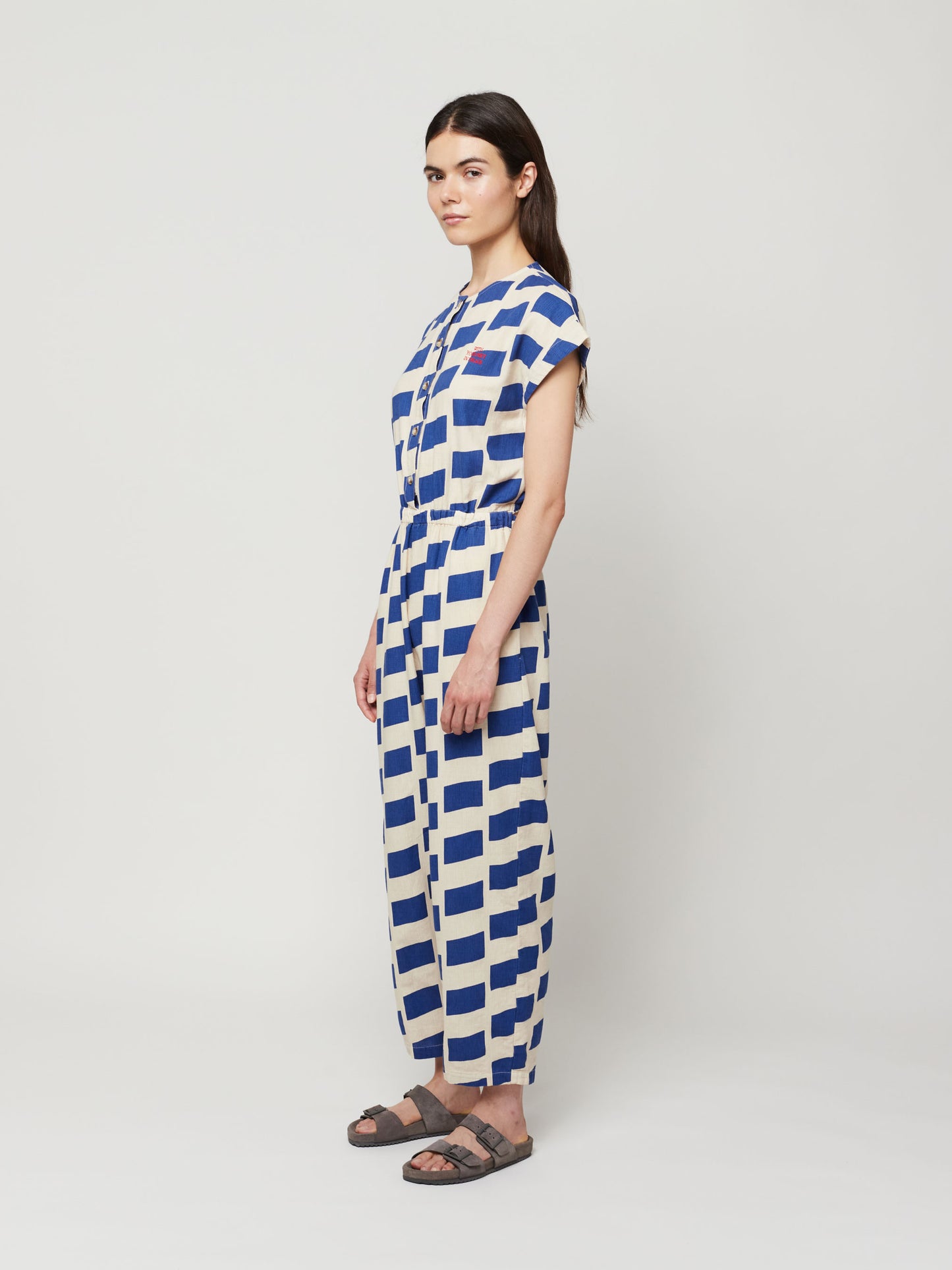 Check flared short sleeve overall