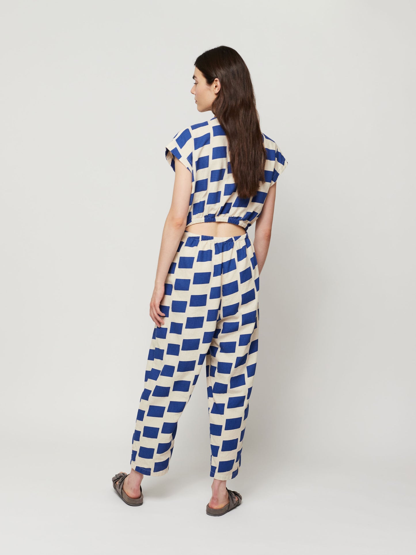 Check flared short sleeve overall