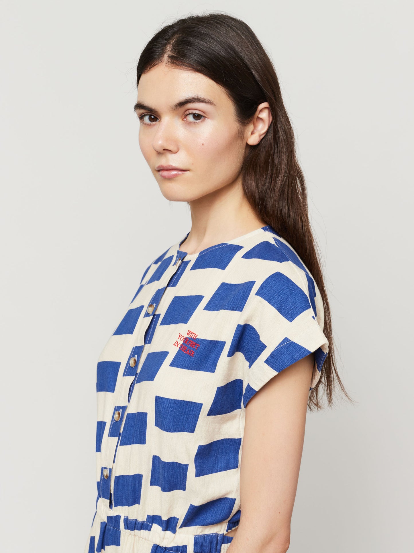 Check flared short sleeve overall