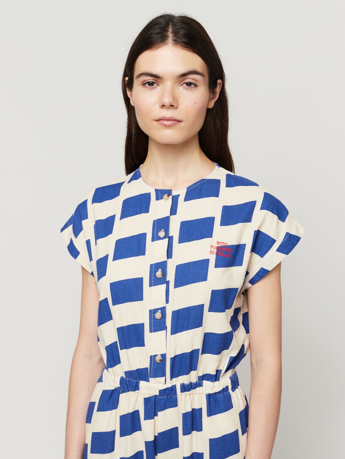 Check flared short sleeve overall