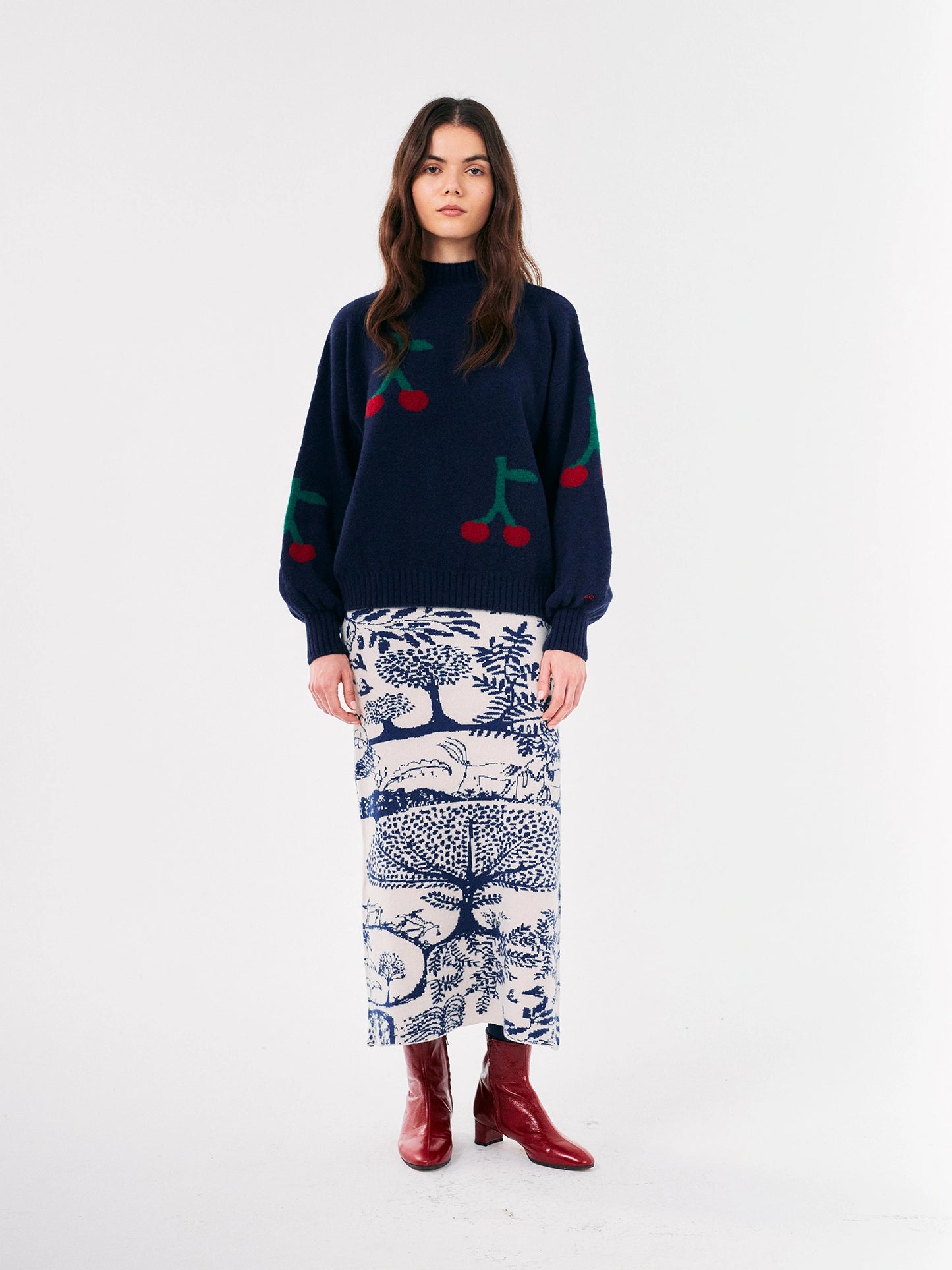 Falda midi de punto estampada Wonderland
