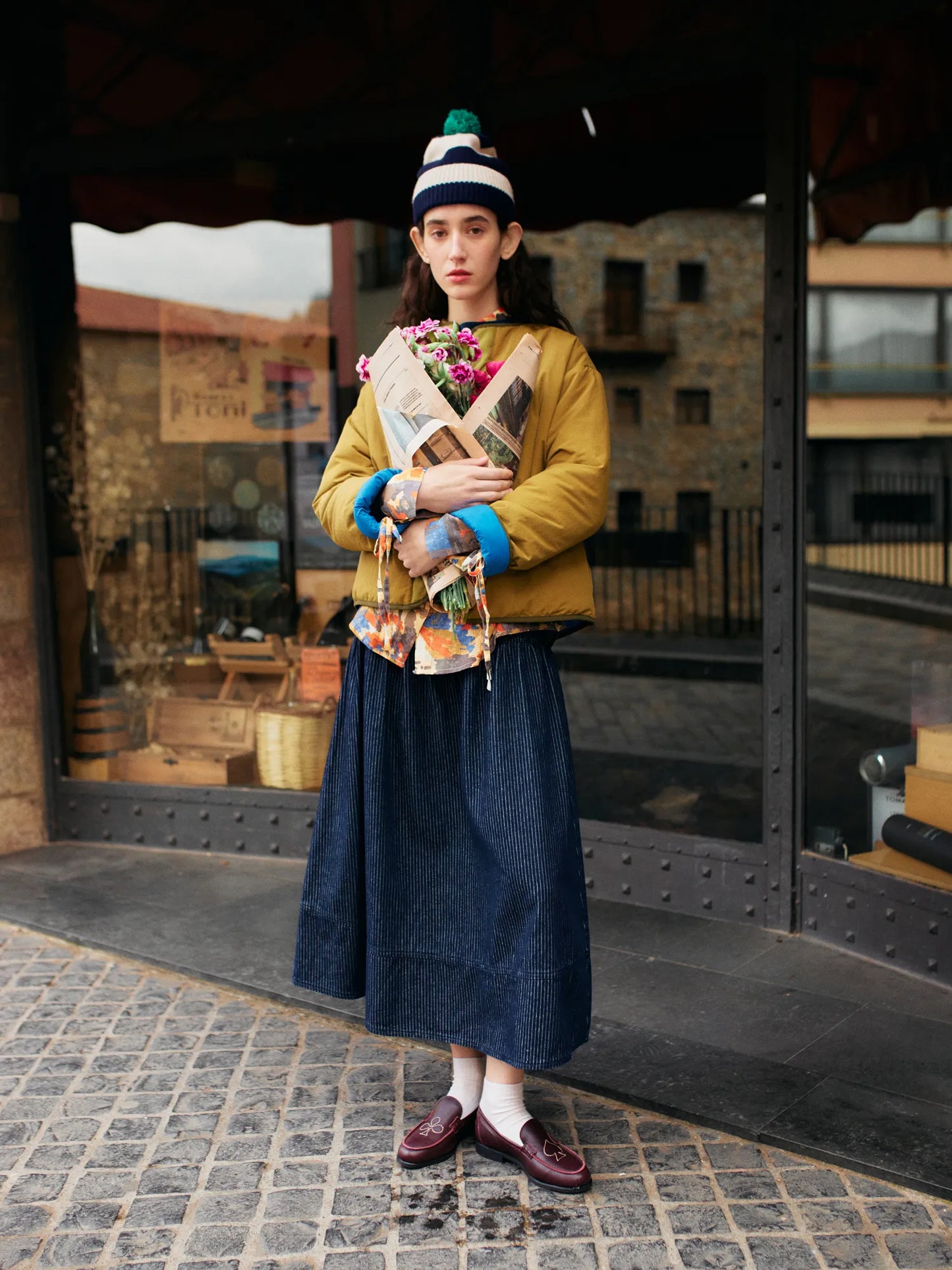 Denim A-line stripe skirt