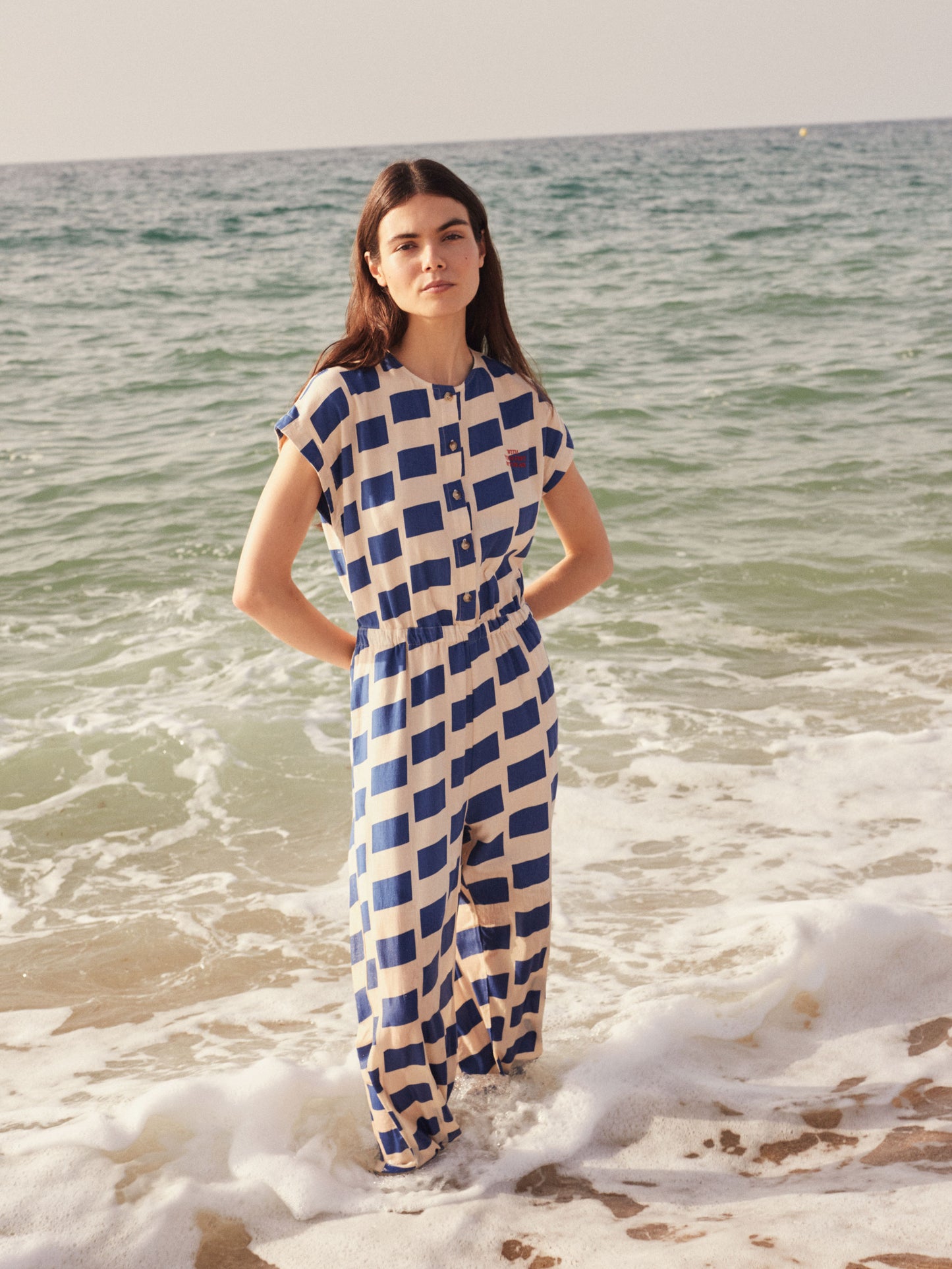 Check flared short sleeve overall