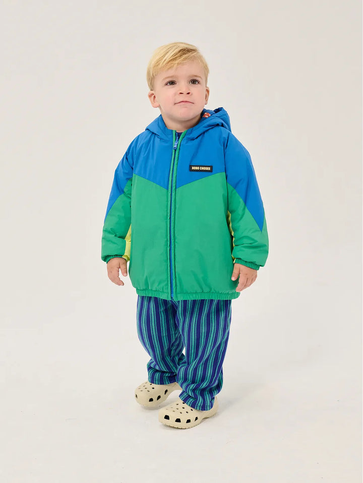 Padded hooded jacket in blue and green colour blocks