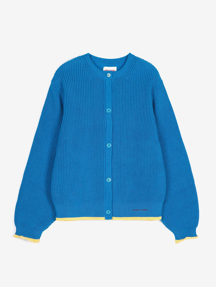 Blue ribbed knit cardigan with yellow trim on cuffs and hem