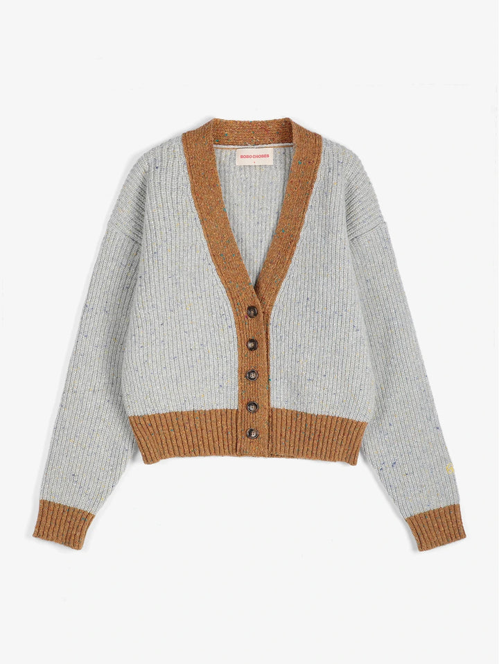 A light gray ribbed knit cardigan with contrasting brown ribbed trim, buttoned front, and long sleeves, shown flat against a light gray background.