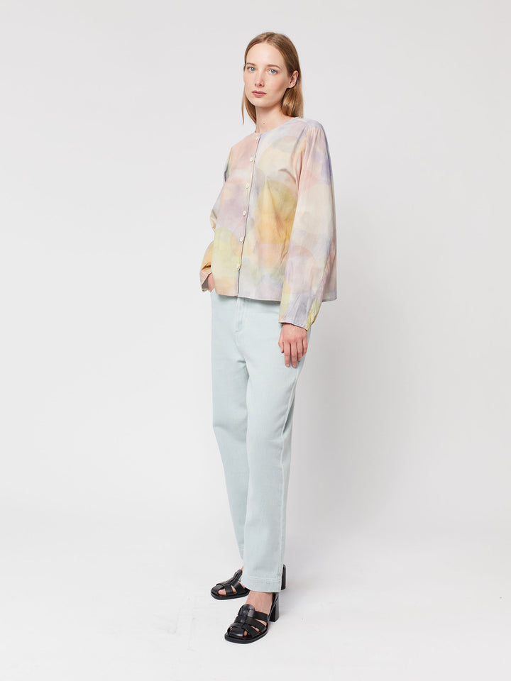 Skylight print collarless blouse