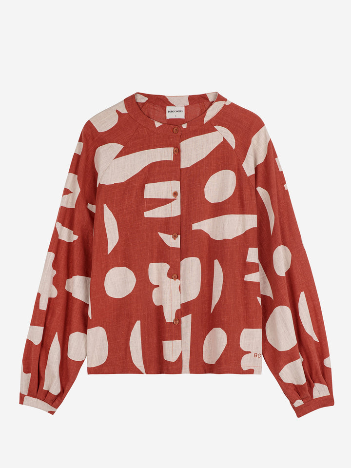 Summer Landscape print collarless blouse