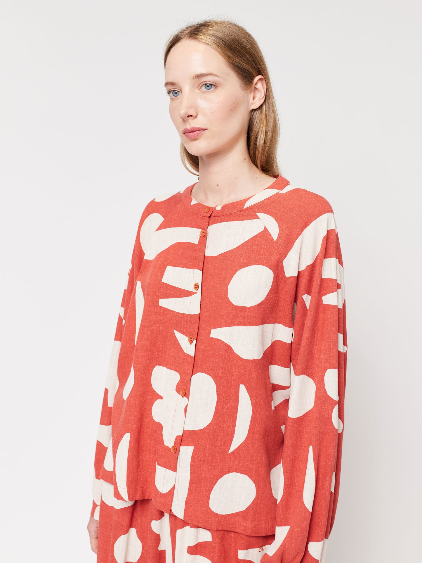 Summer Landscape print collarless blouse