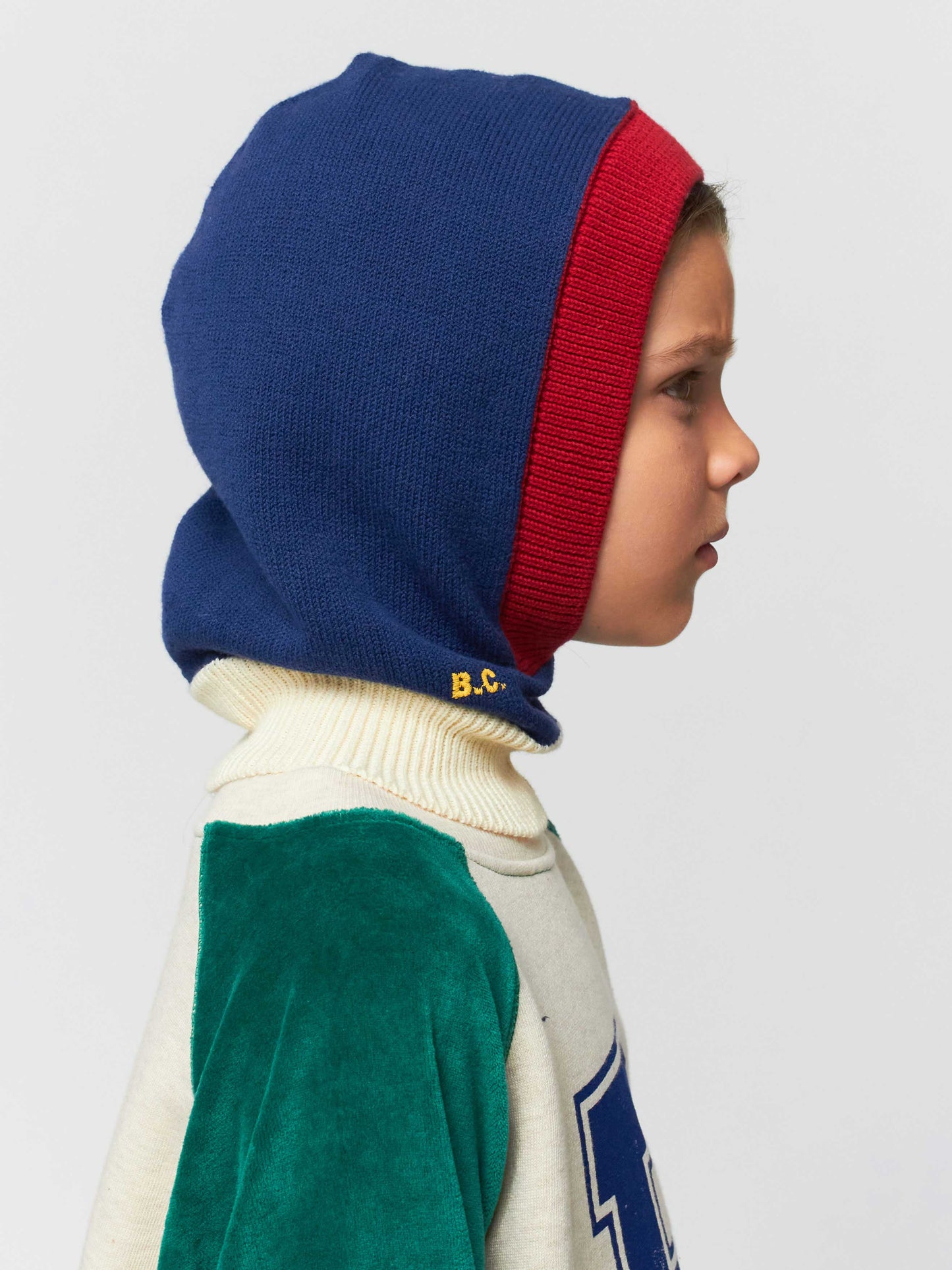 Blue color block knitted hood