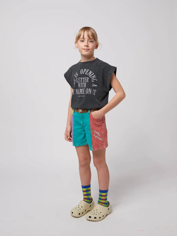 Color block denim shorts