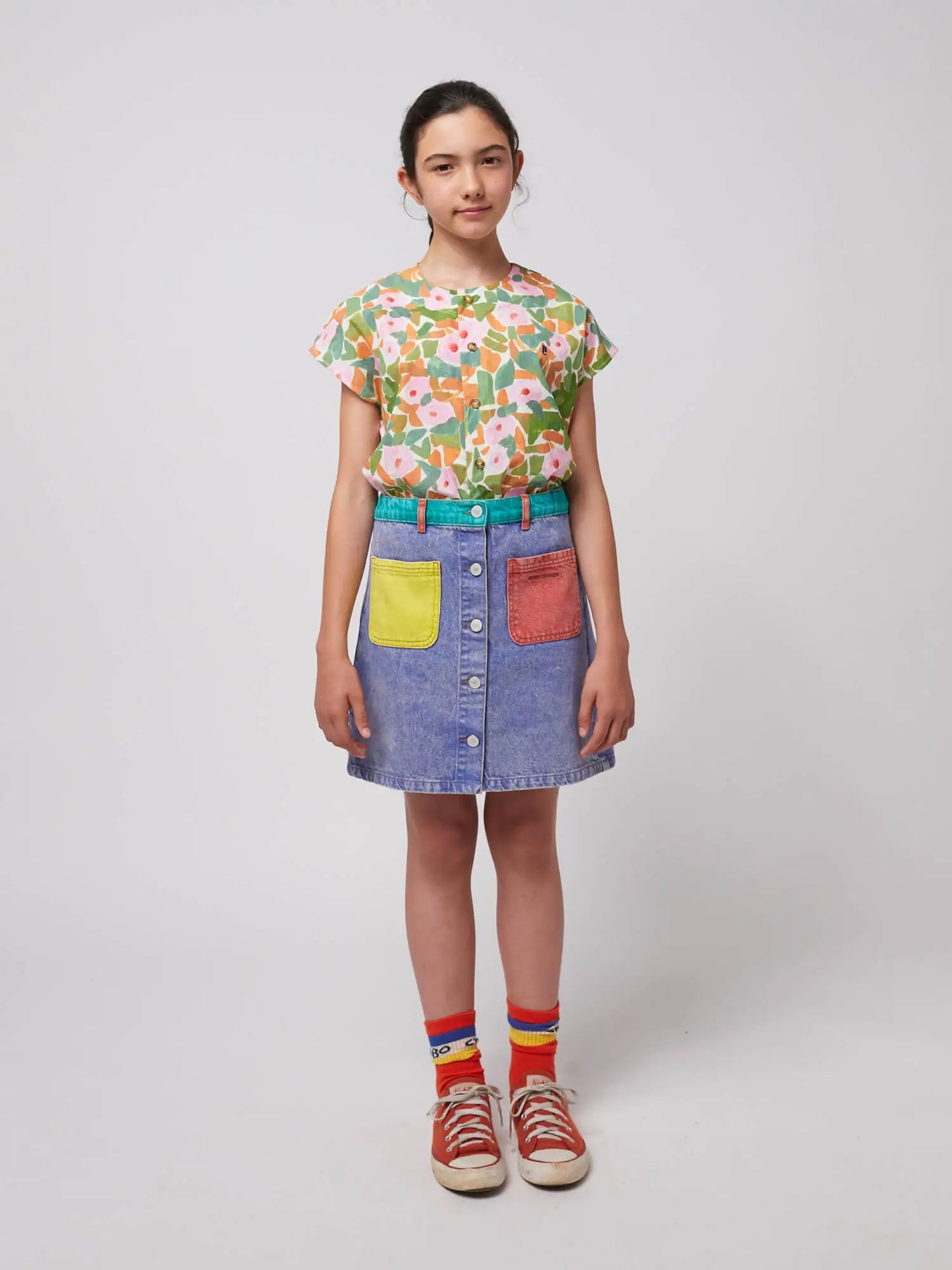 Color block denim skirt