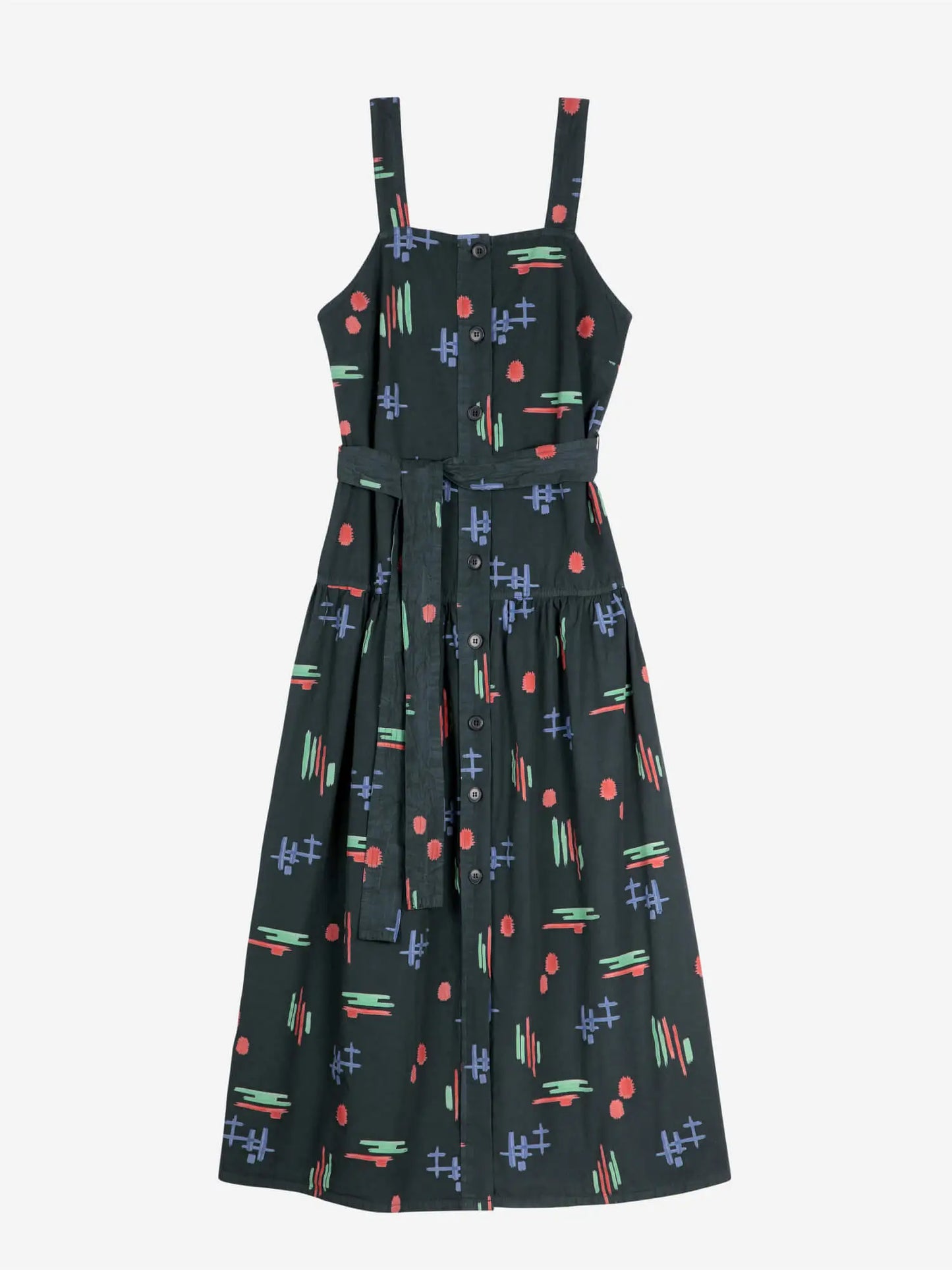 Multicolor print evasé strap dress