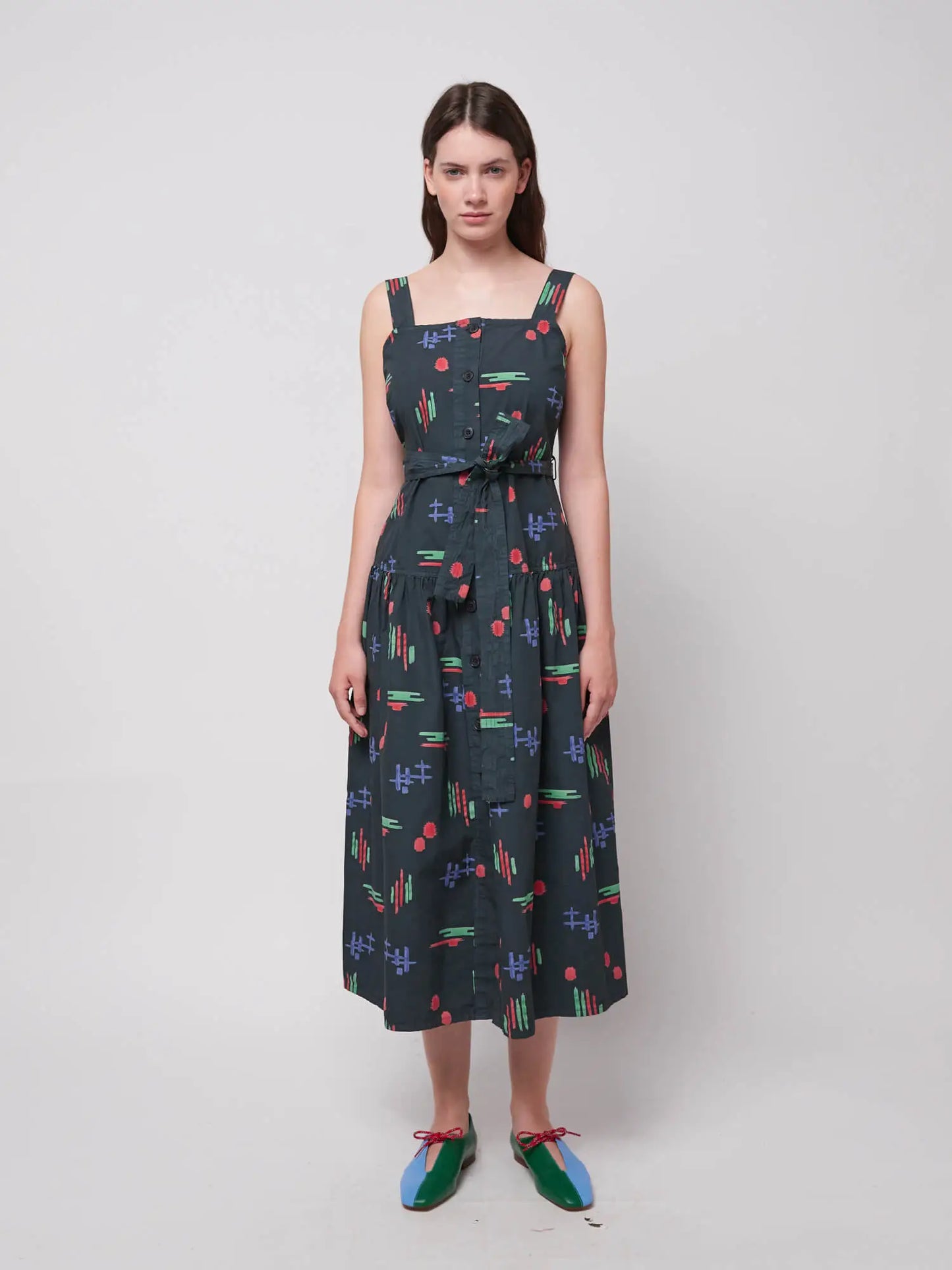 Multicolor print evasé strap dress