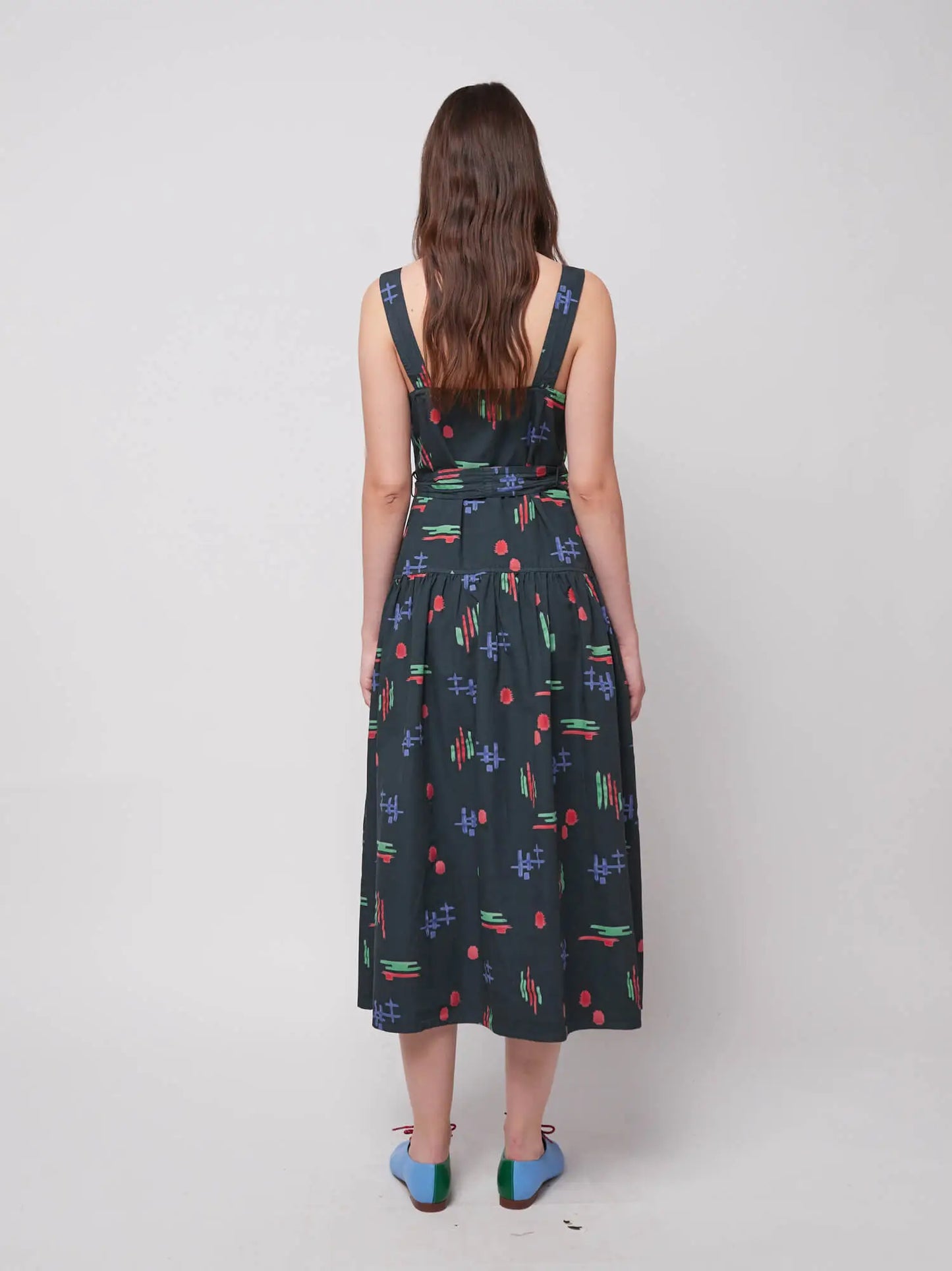 Multicolor print evasé strap dress