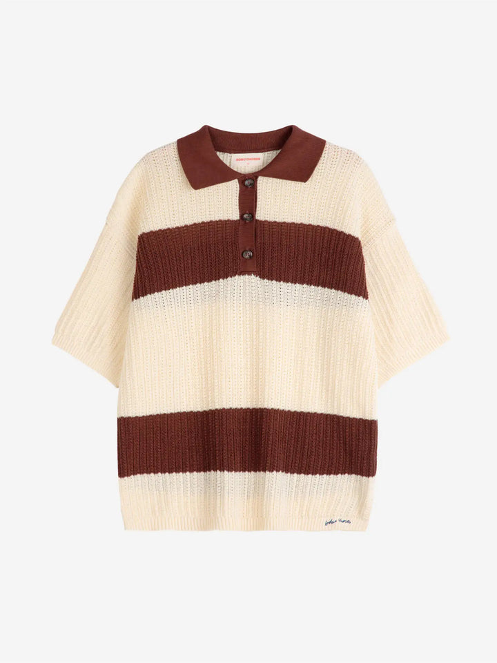 Stripes pointelle knitted polo shirt