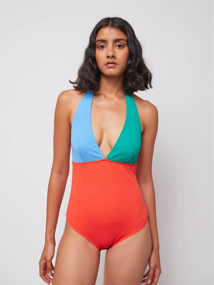 Color block terry V-neck swimsuit