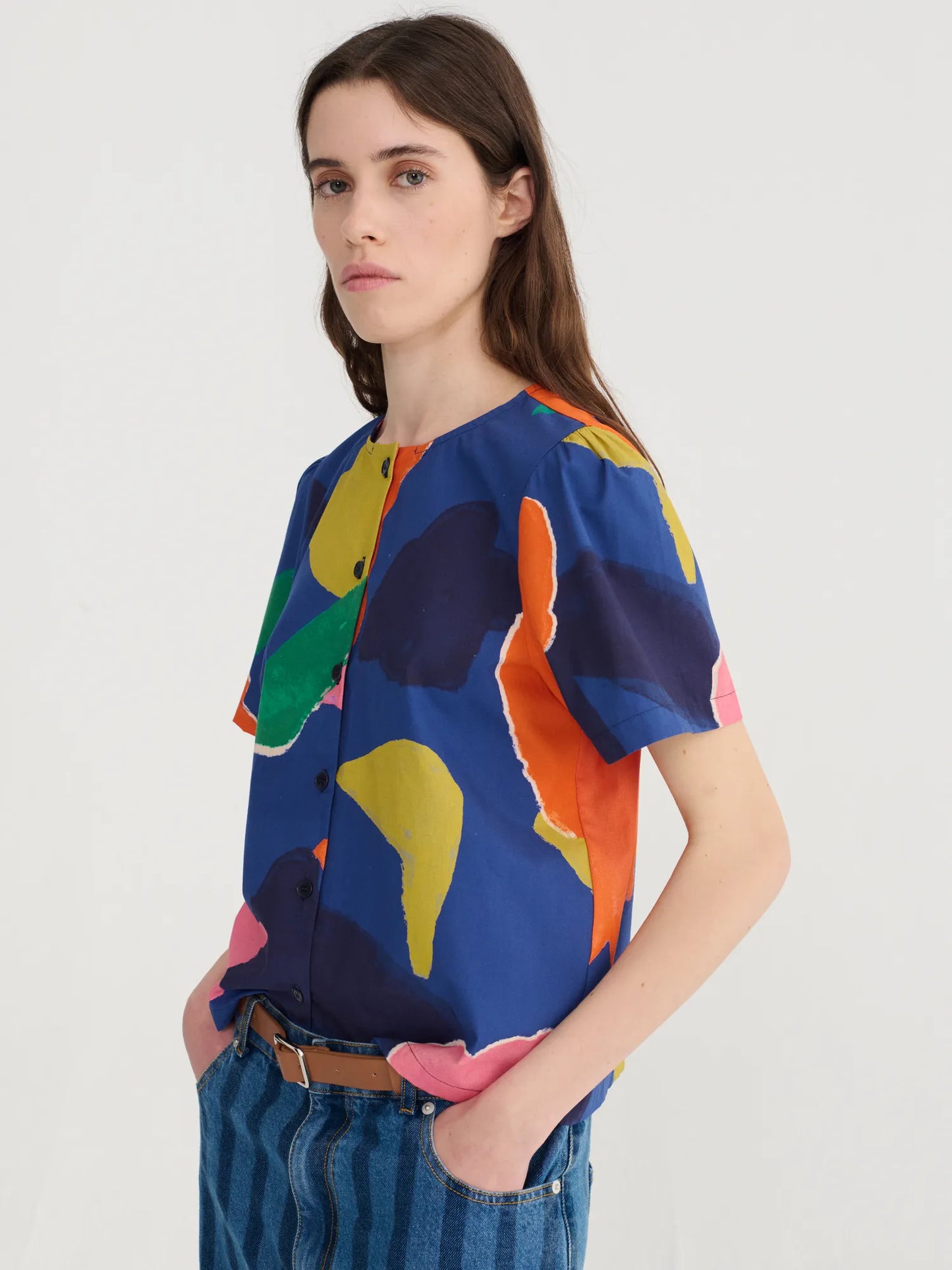 Blooming color pattern cropped blouse