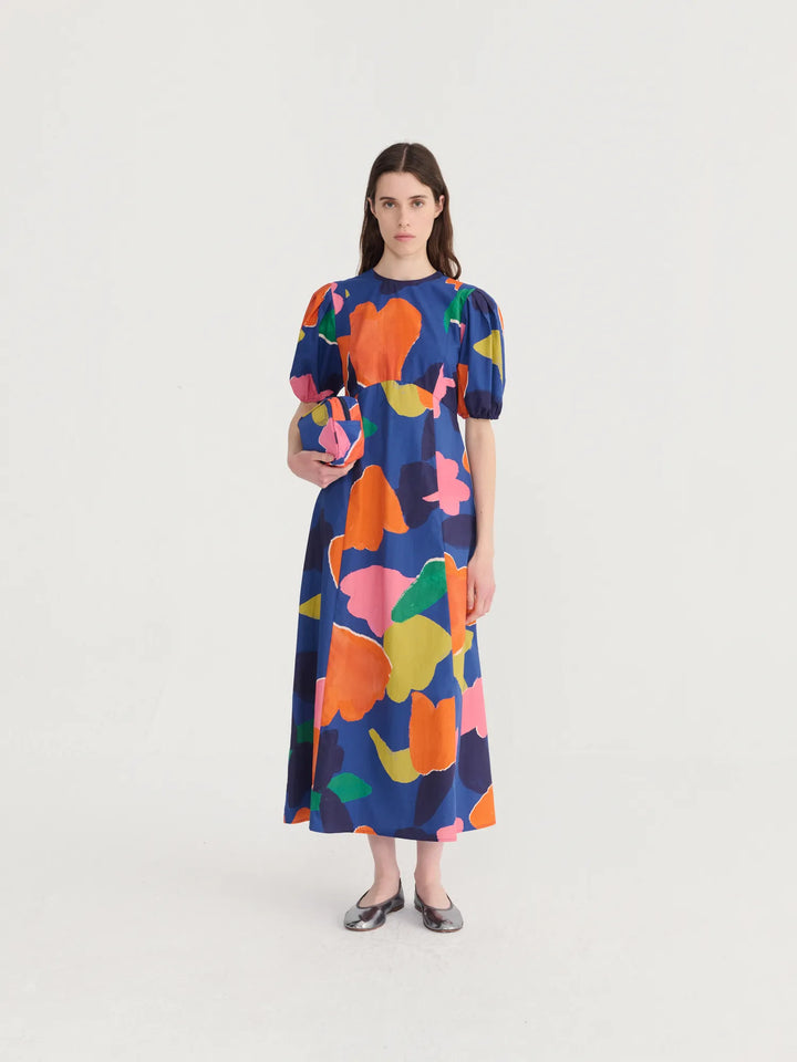Blooming color pattern puff sleeve dress