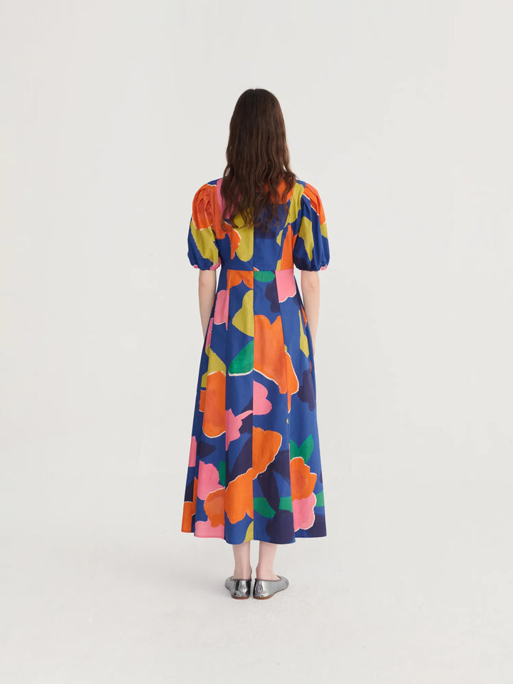 Blooming color pattern puff sleeve dress