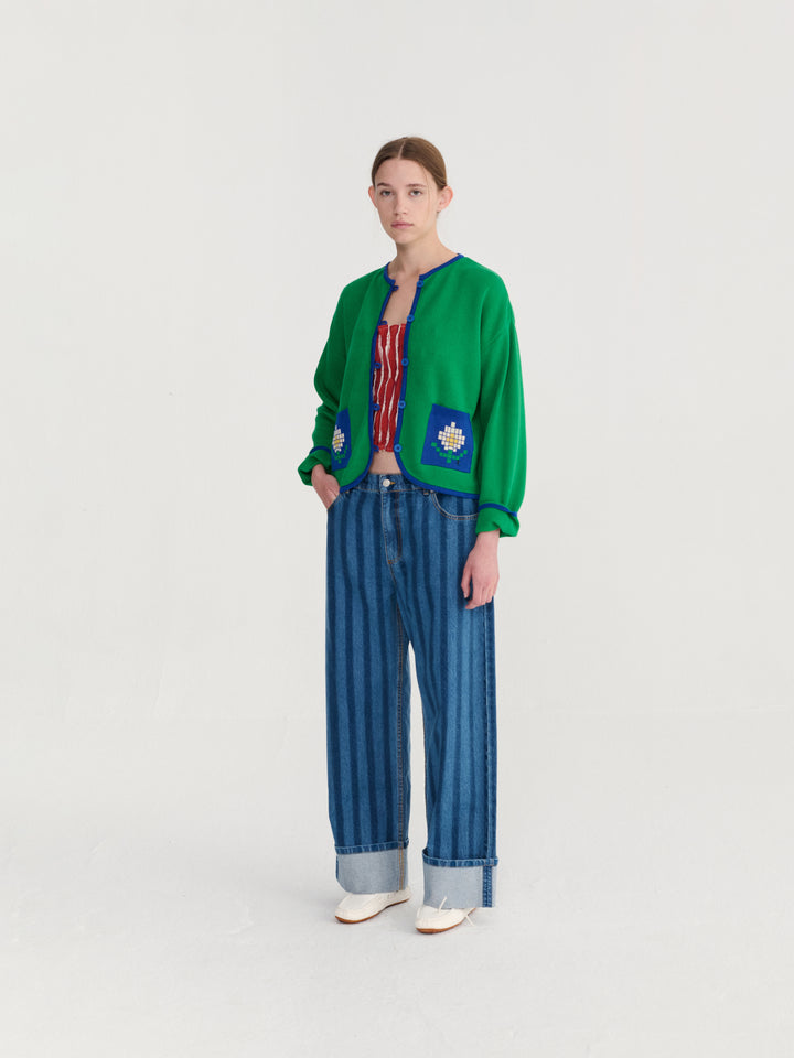 Pantalón vaquero de perneras anchas a rayas