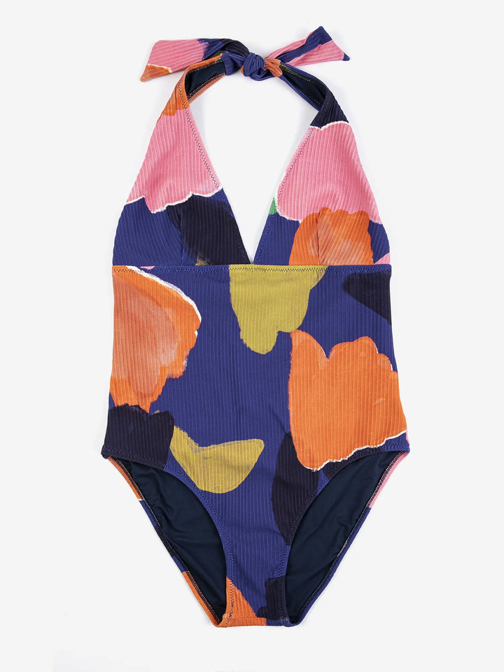 Blooming color pattern v-neck swimsuit