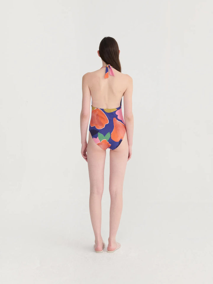 Blooming color pattern v-neck swimsuit