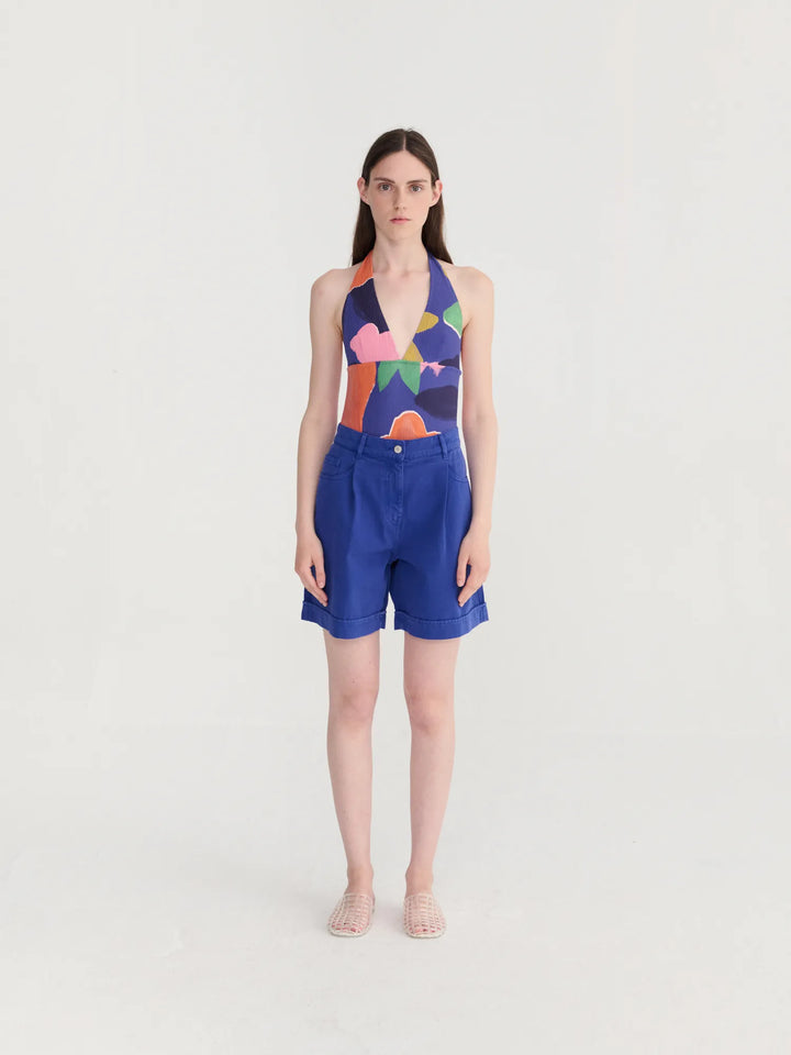 Blooming color pattern v-neck swimsuit