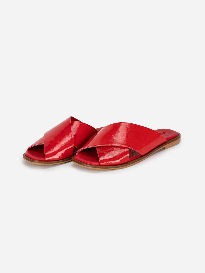 Red patent-leather cross sandal