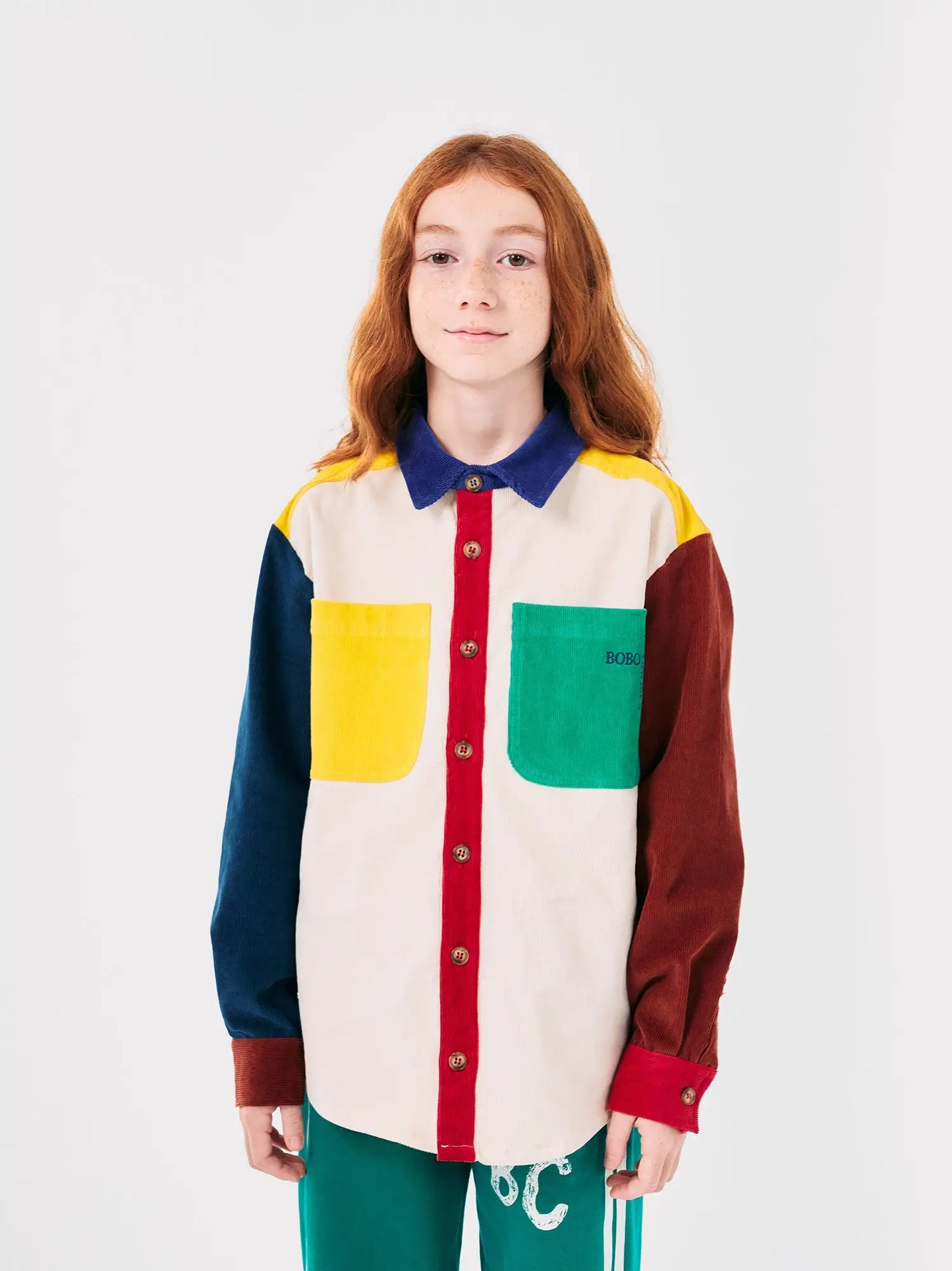 Bobo Square embroidery Color block corduroy shirt