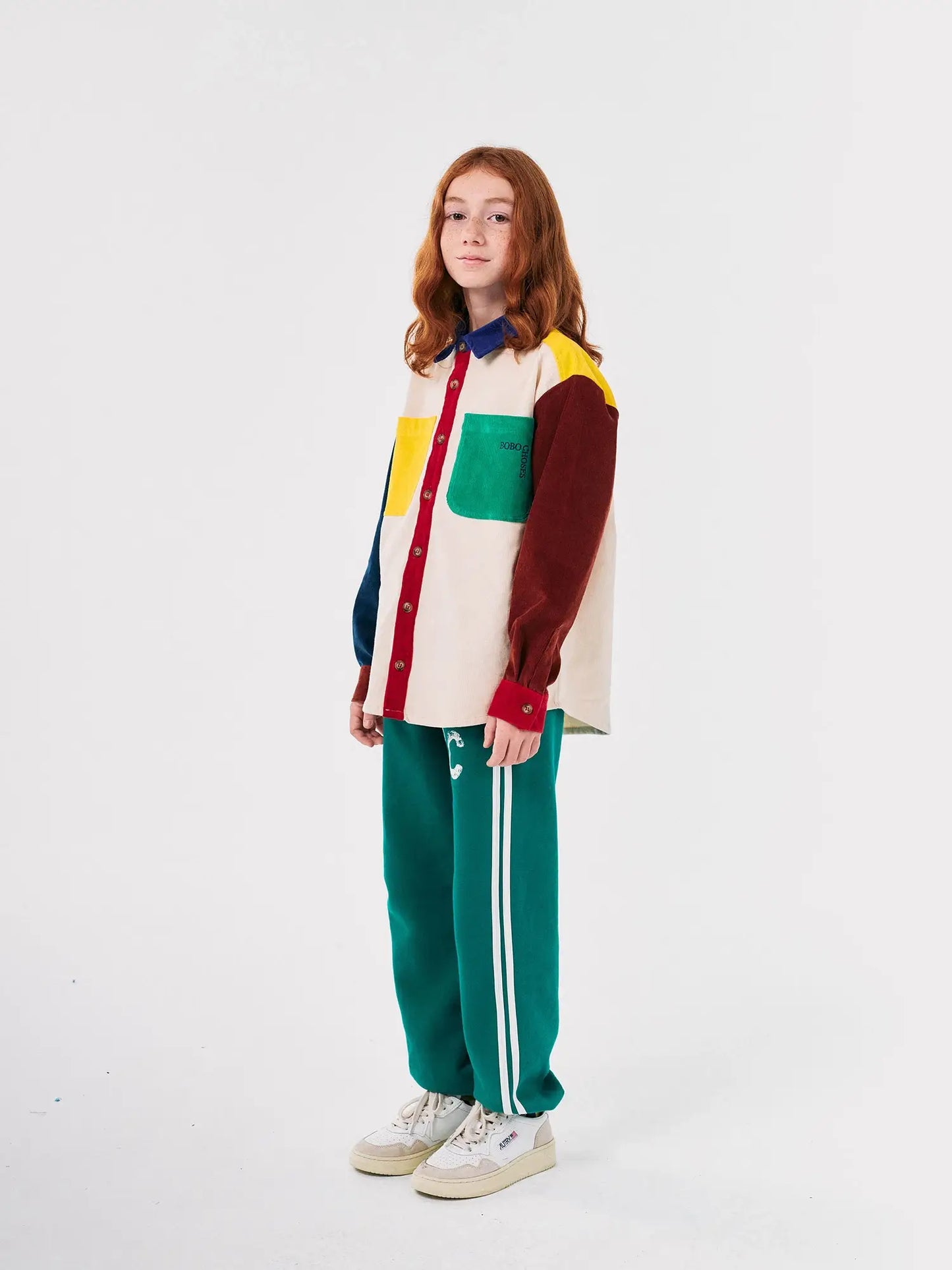 Bobo Square embroidery Color block corduroy shirt