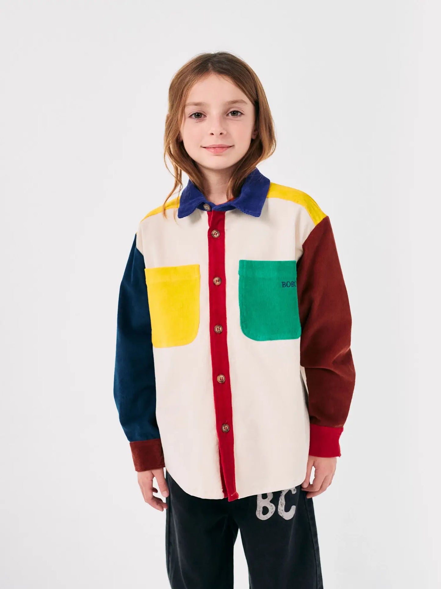 Bobo Square embroidery Color block corduroy shirt