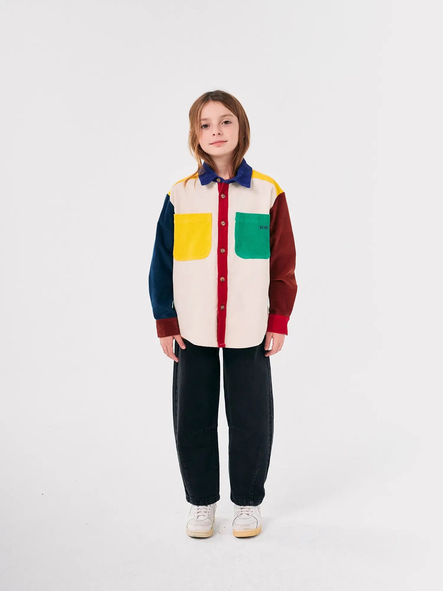 Bobo Square embroidery Color block corduroy shirt