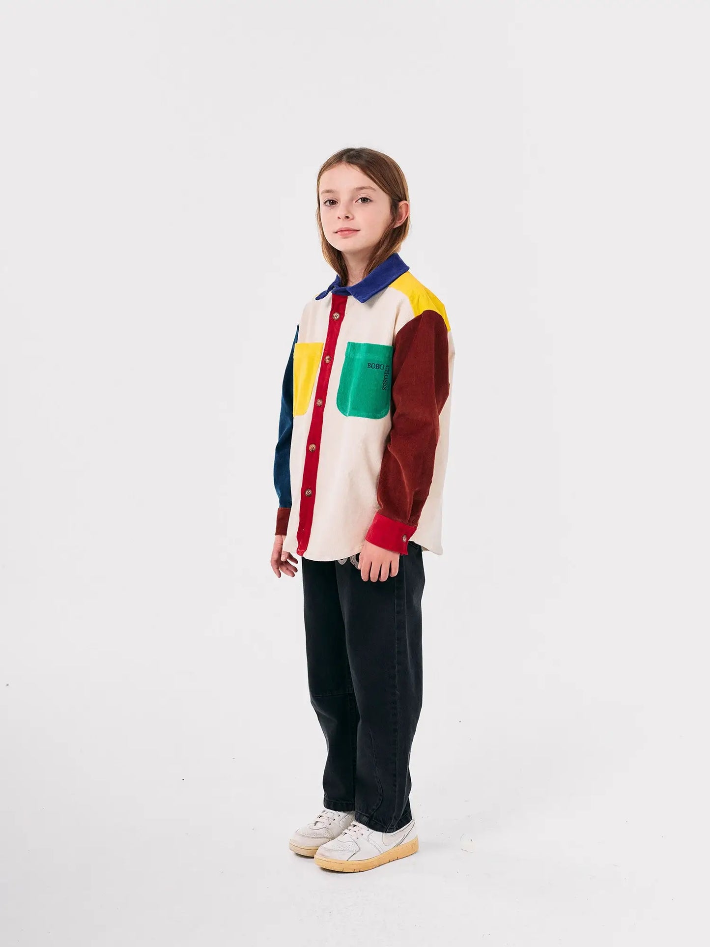 Bobo Square embroidery Color block corduroy shirt