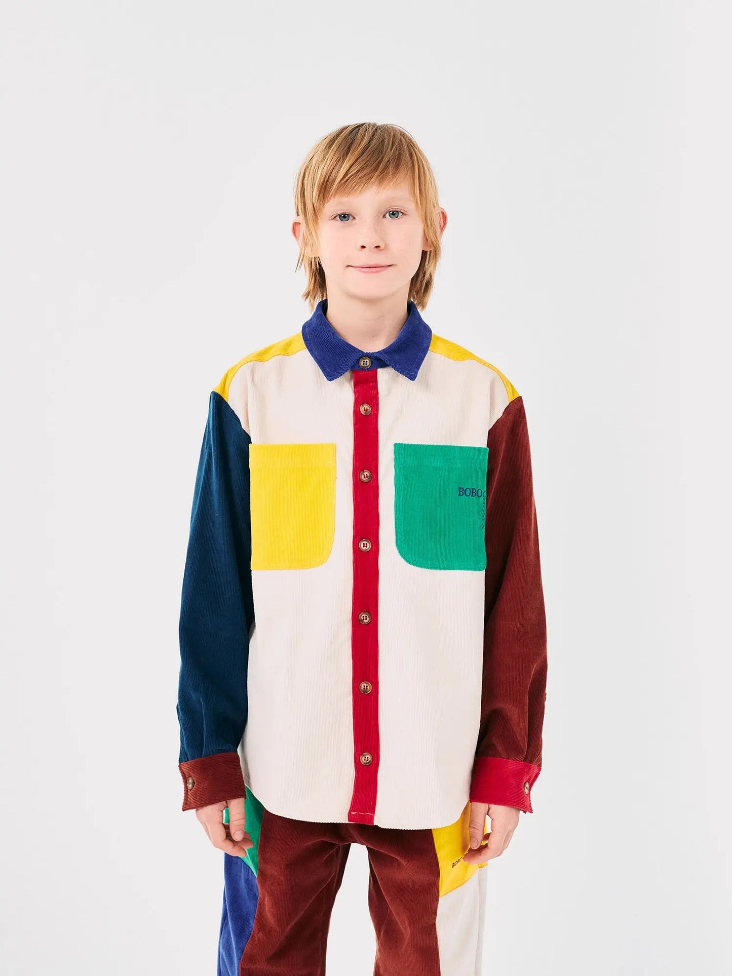 Bobo Square embroidery Color block corduroy shirt