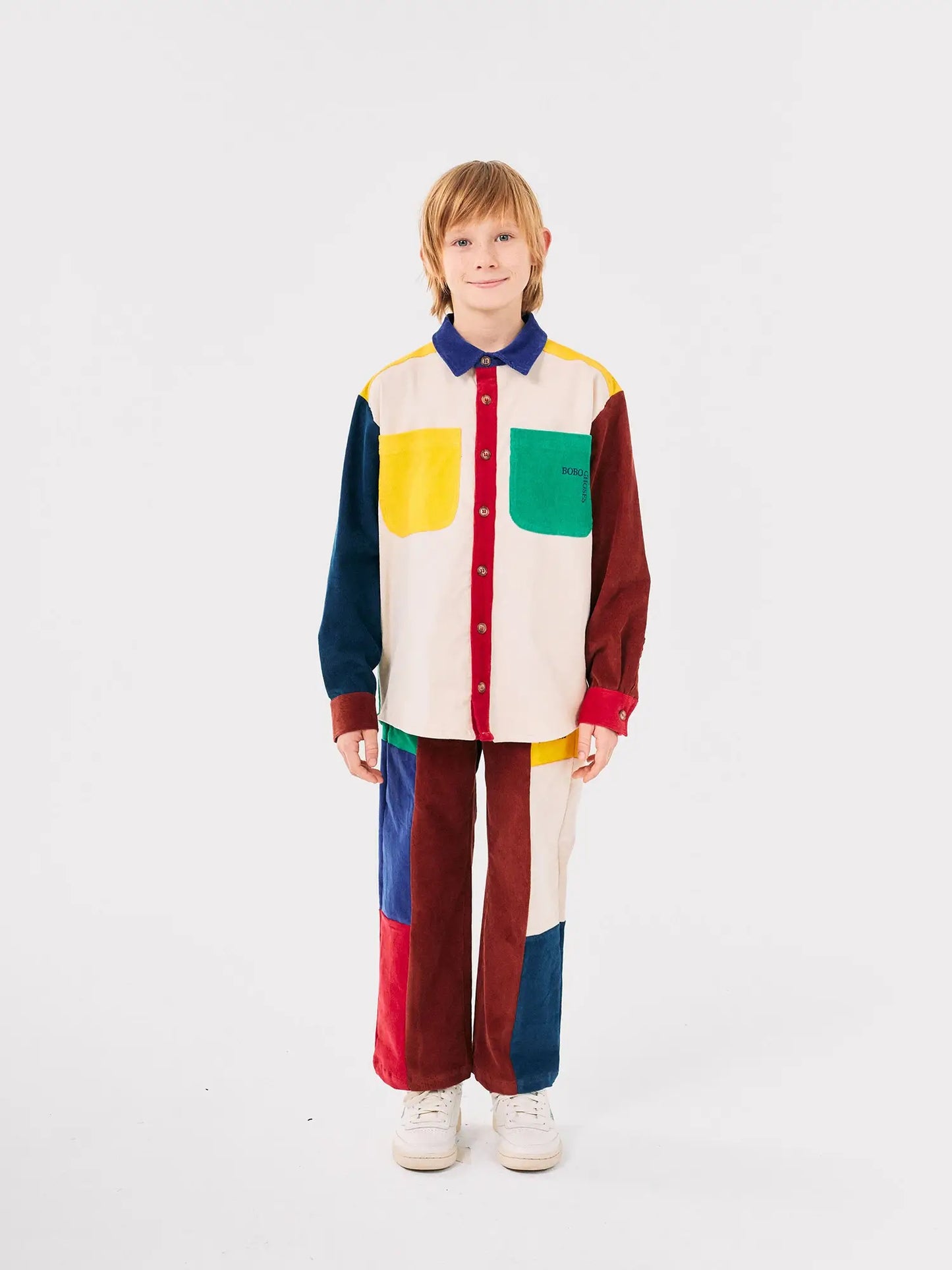 Bobo Square embroidery Color block corduroy shirt