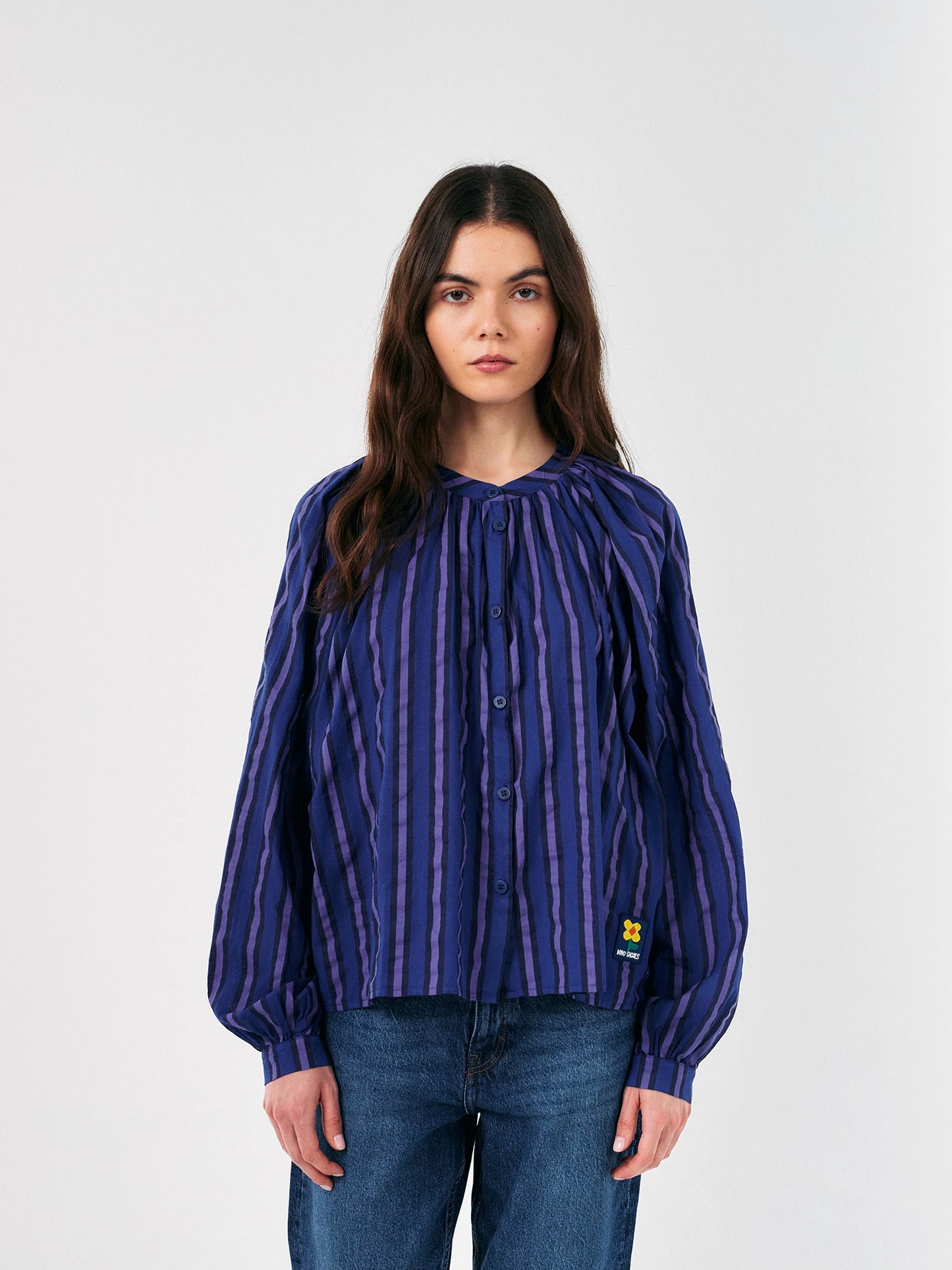 Multi striped collarless puff sleeve blouse