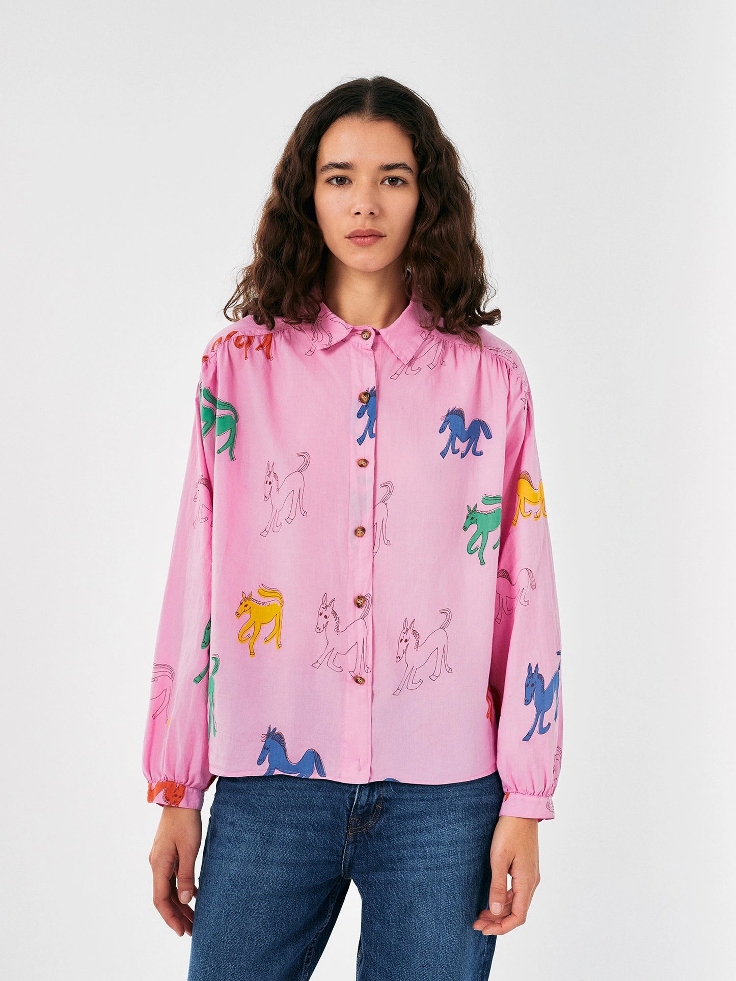 Wonder Horse print gathered shirt