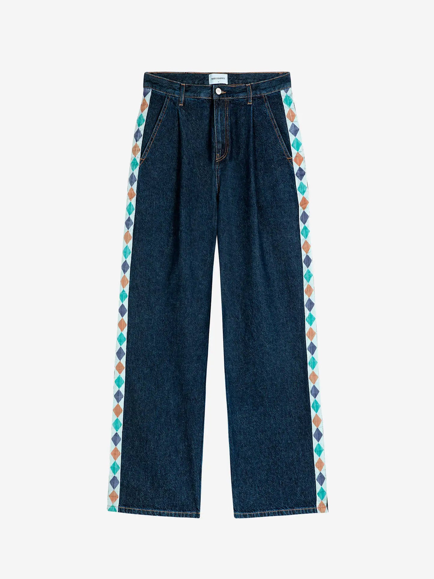 Embroidered denim pleated jeans