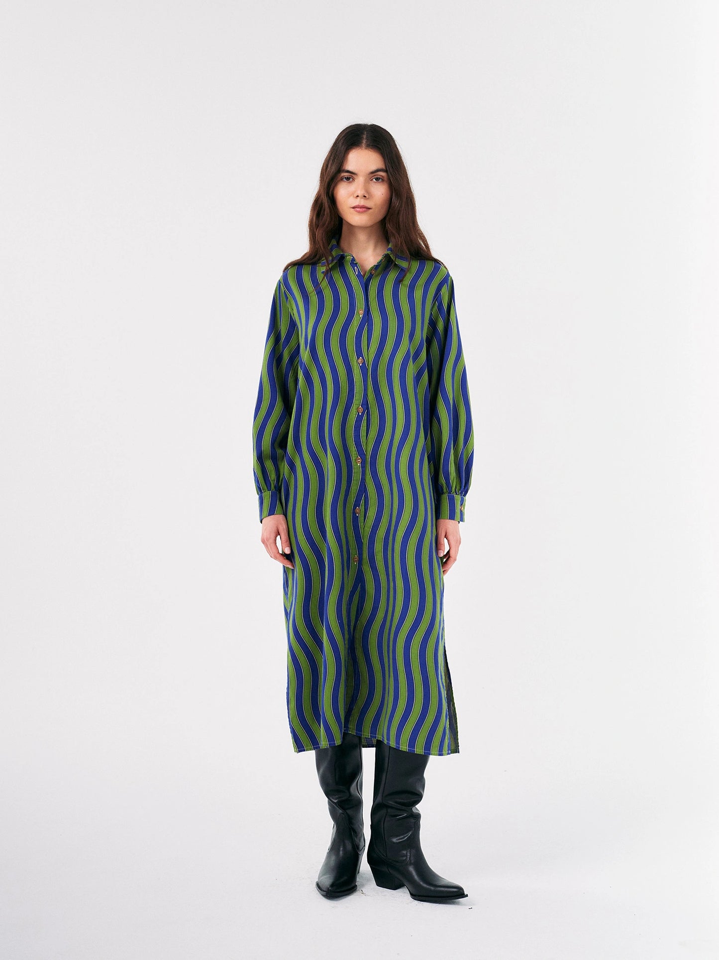 Multicolour Waves printed long shirt dress