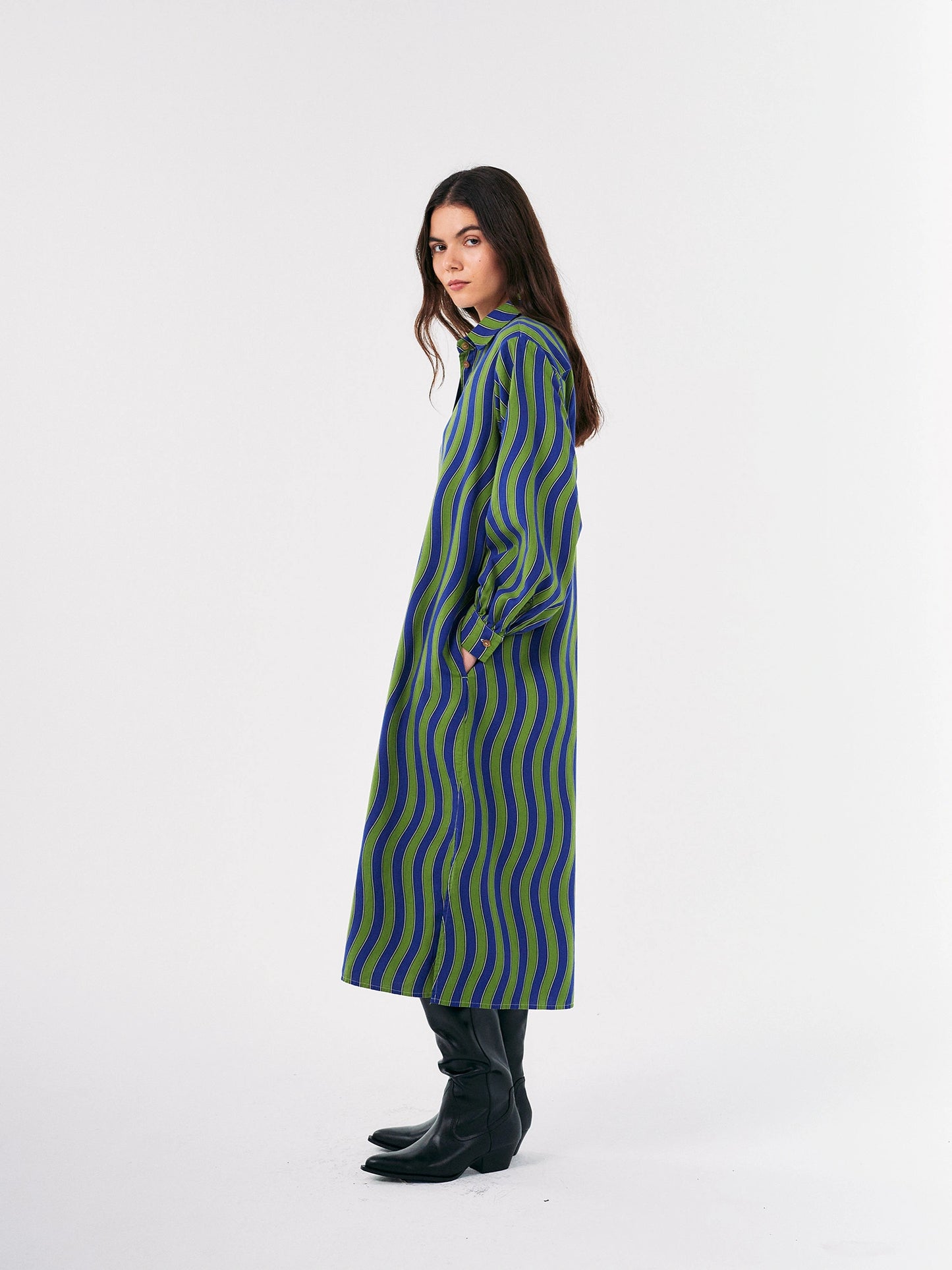 Multicolour Waves printed long shirt dress