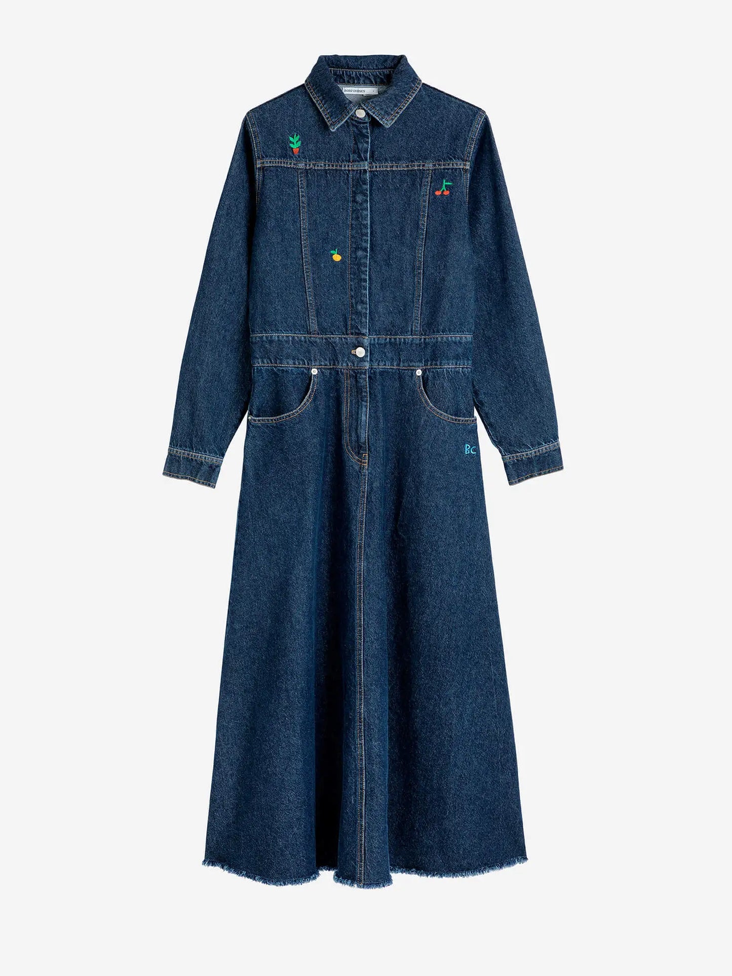 Robe longue évasée en denim brodé