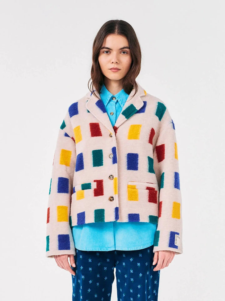 Color game print jacquard single breasted jacket