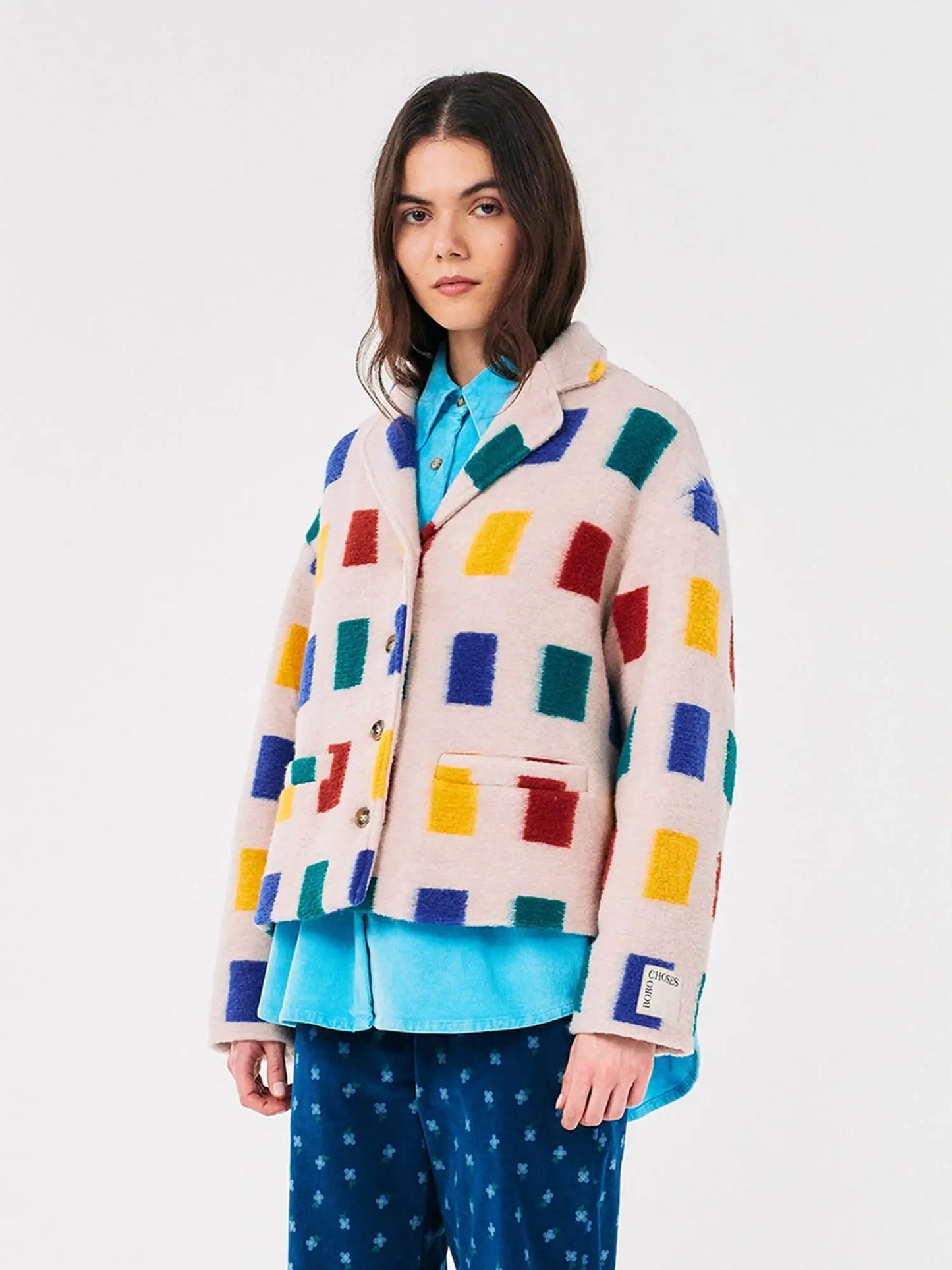 Color game print jacquard single breasted jacket