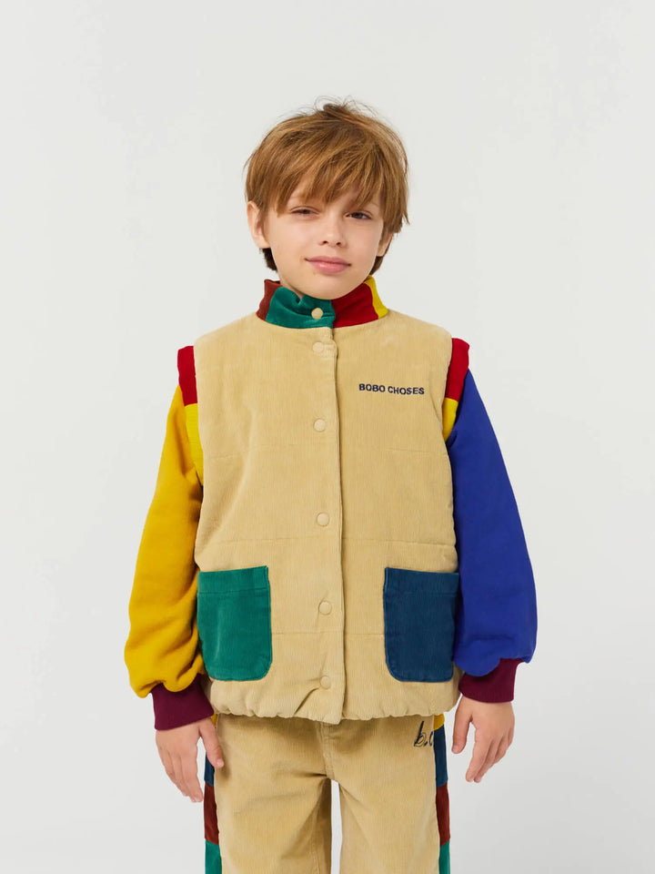 Color block pockets corduroy quilted vest