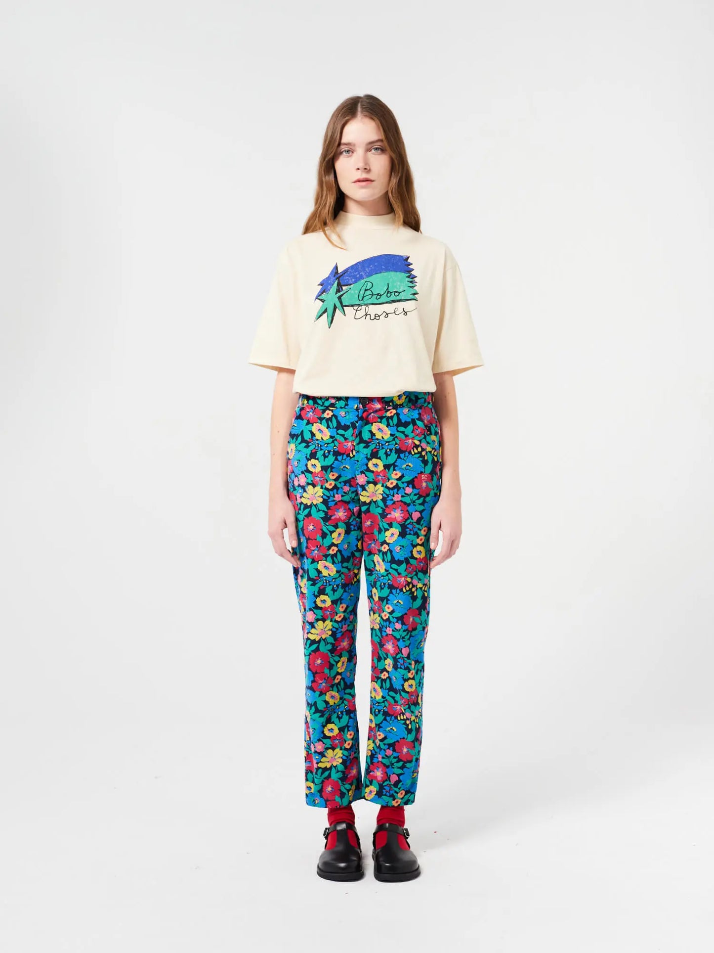 Floral woven straight pants