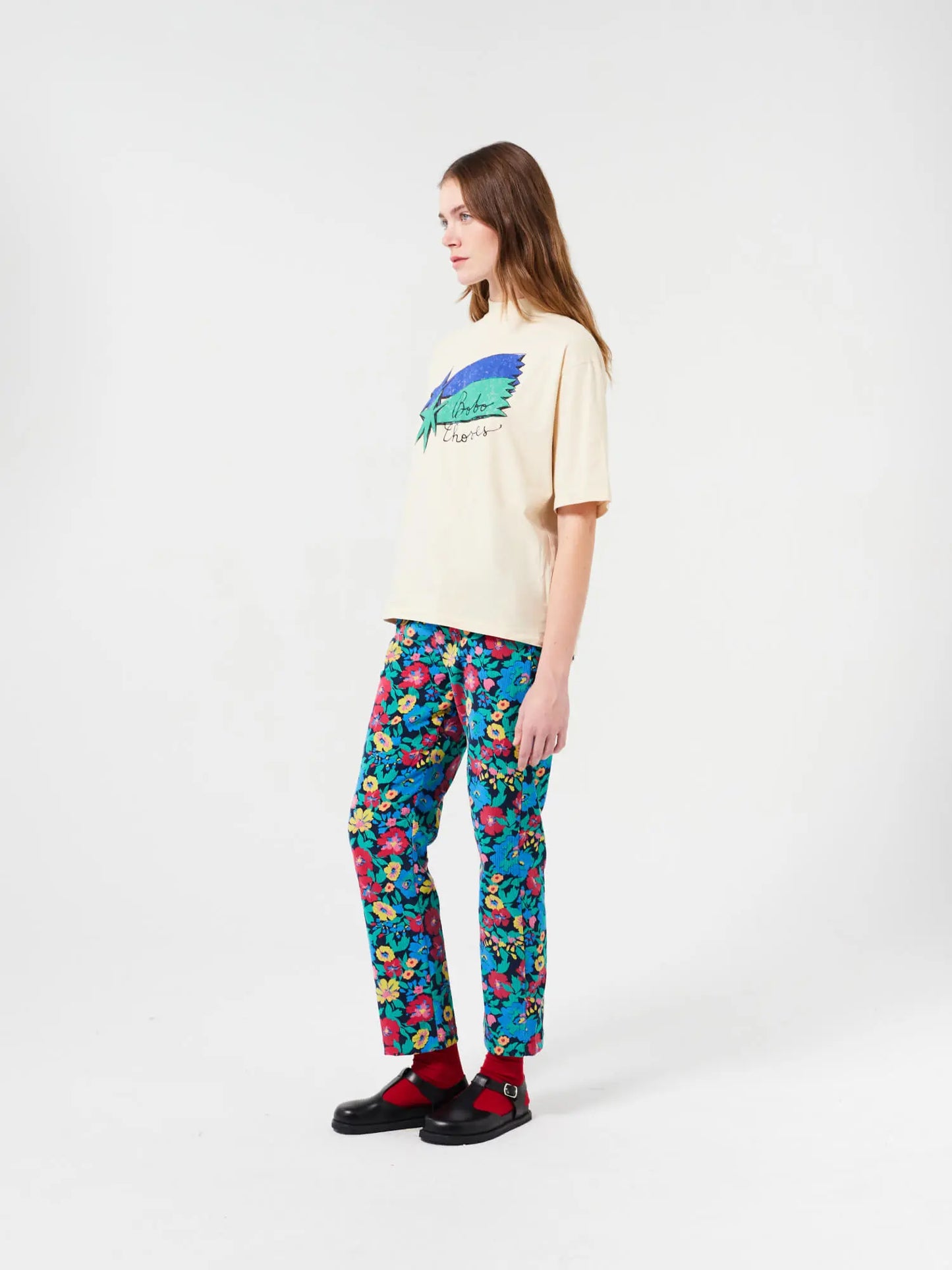 Floral woven straight pants